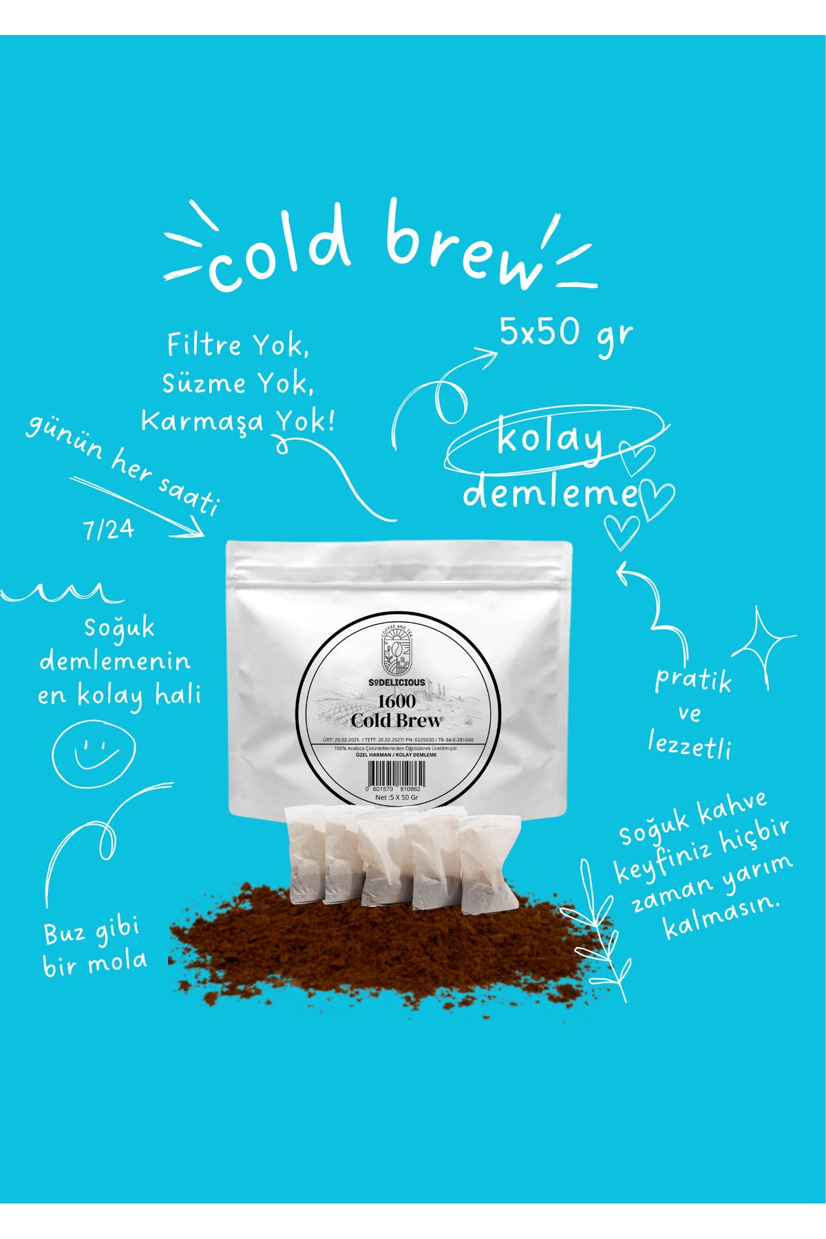 SODELICIOUS COFFEE TEA Cold Brew Filtre Kahve Yastığı 5’li | 5 x 50 g Kolay Demleme Soğuk Kahve