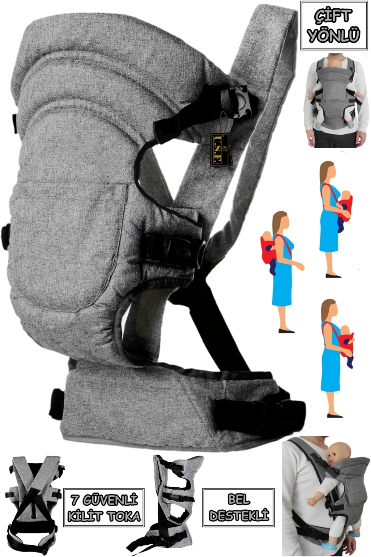 USF Çift Yönlü Bel Destekli Bebek Taşıma Kangurusu Ana Kucağı Bebek Taşıyıcı Kanguru fotoğrafı 6 (önizleme)