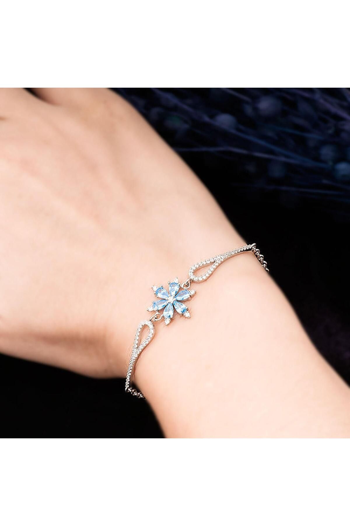 carrot silver 925 Ayar Gümüş Aqua Taşlı Kamelya Çiçeği Bileklik-Hediye Paketli