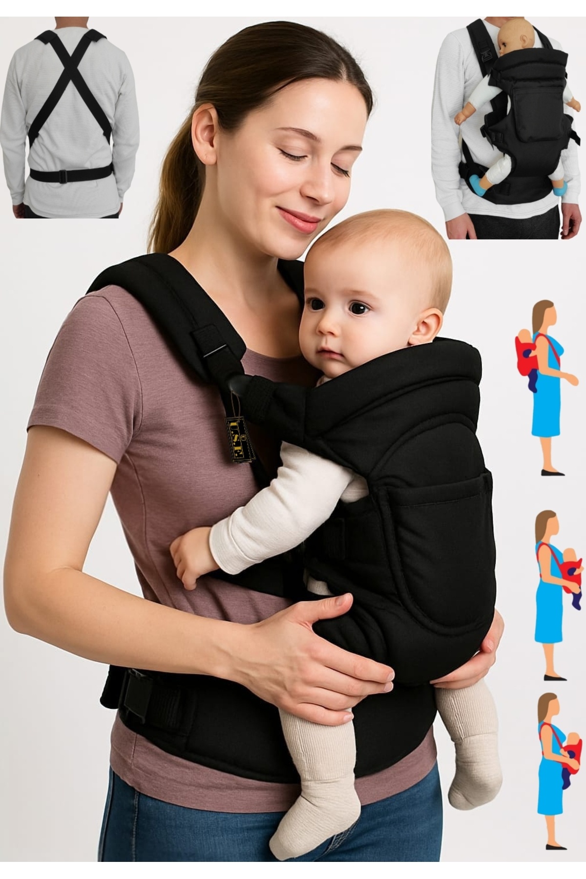 USF Çift Yönlü Bebek Taşıma Kangurusu Bel Destekli Ergonomik Bebek Taşıyıcı Kanguru Mat Siyah