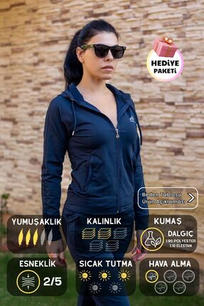 Azıcık Akıllı Kadın Koyu Lacivert Fermuarlı Kapüşonlu Dalgıç Scuba Kumaş Spor...