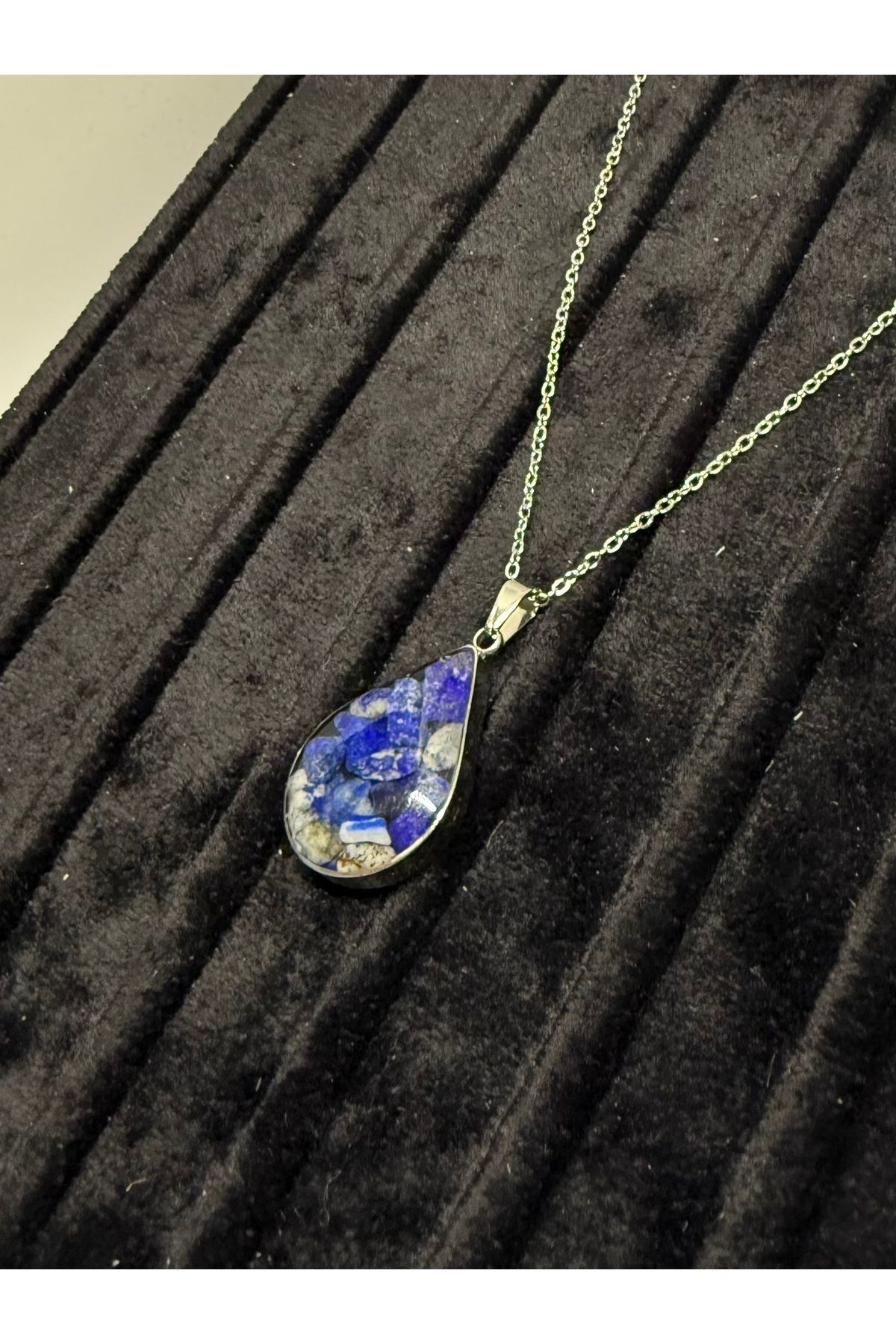 Gulsah's Store Çelik silver lacivert renkli damla model doğal taş kolye