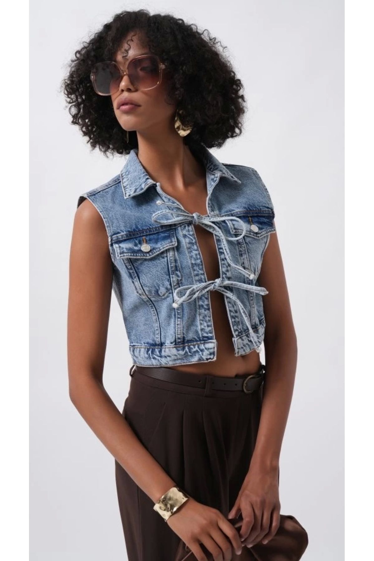 Silerra Bağlama Detay Denim Yelek
