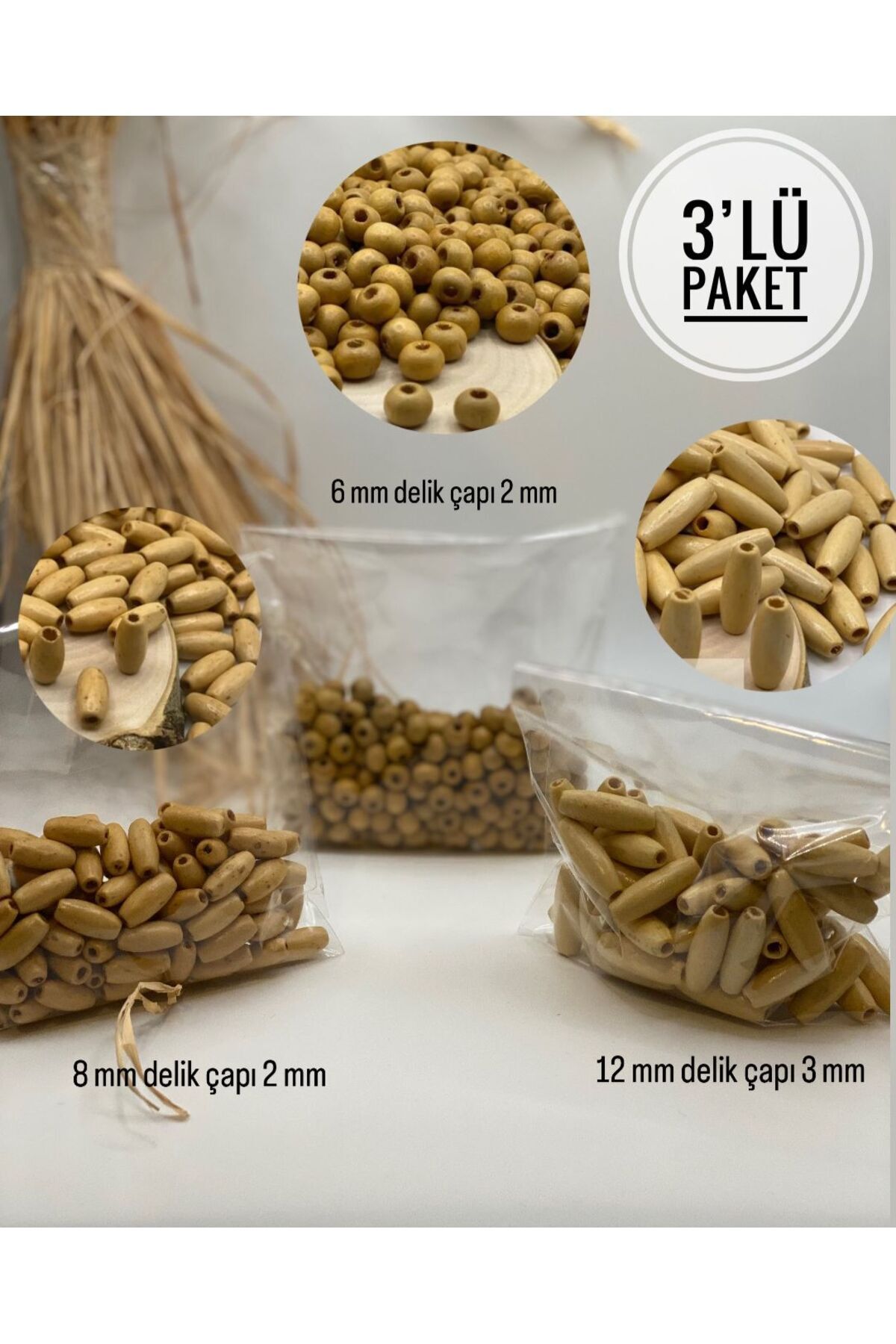 Fiolimore İthal Arpa Ve Yuvarlak Ahşap Tahta Boncuk Seti Anahtarlık Makrome Çanta Takı 3lü Paket