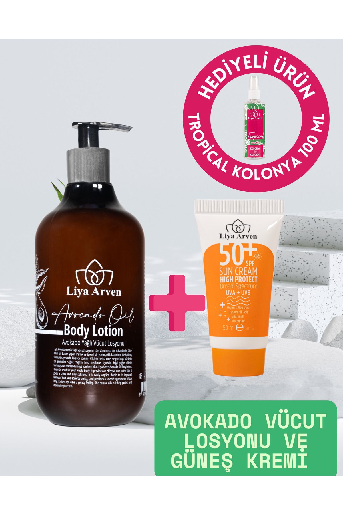 Liya Arven Avokado Vücut Losyonu ve Yetişkin Güneş Kremi Seti 500 ml x 50 ml