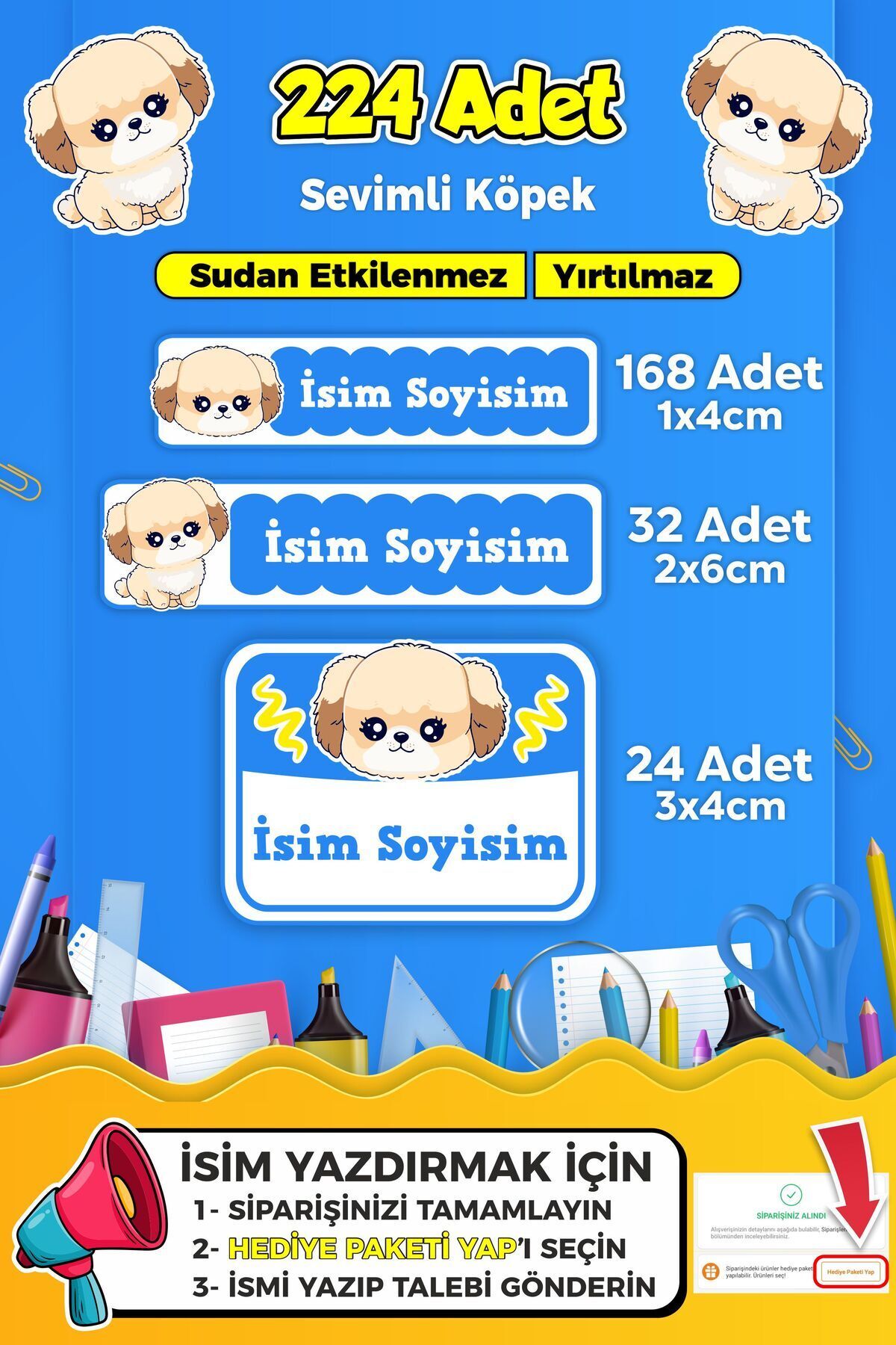 SB store Sevimli Köpek Temalı Okul Kreş Kişiye Özel isim Etiket Seti - Model 384