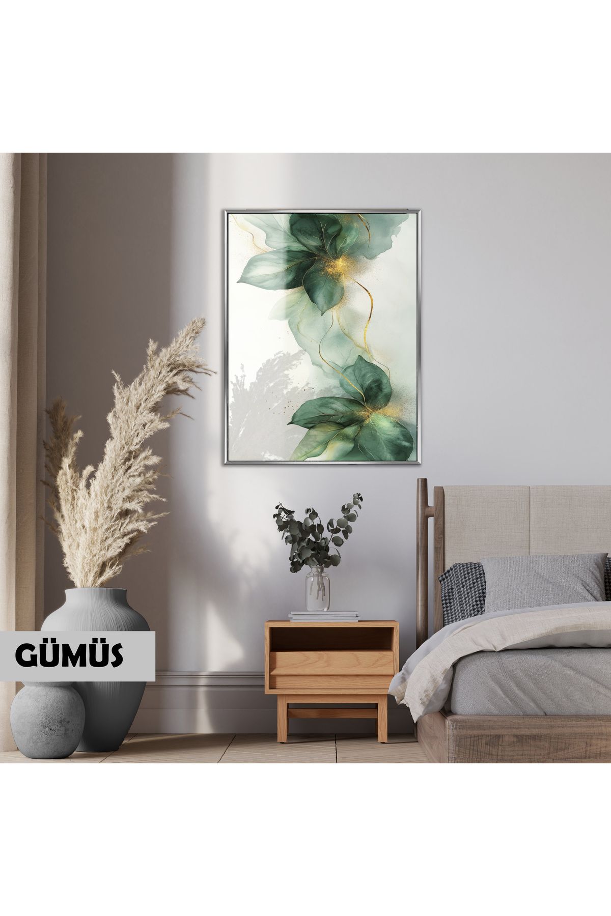 Harikabirev HARİKABİREV|YEŞİL-GOLD FLORAL ÇİÇEK MODELİ |ÇERÇEVELİ CAM |ÇERÇEVELİ TEMPERLİ CAM TABLO TEKLİ DİKEY