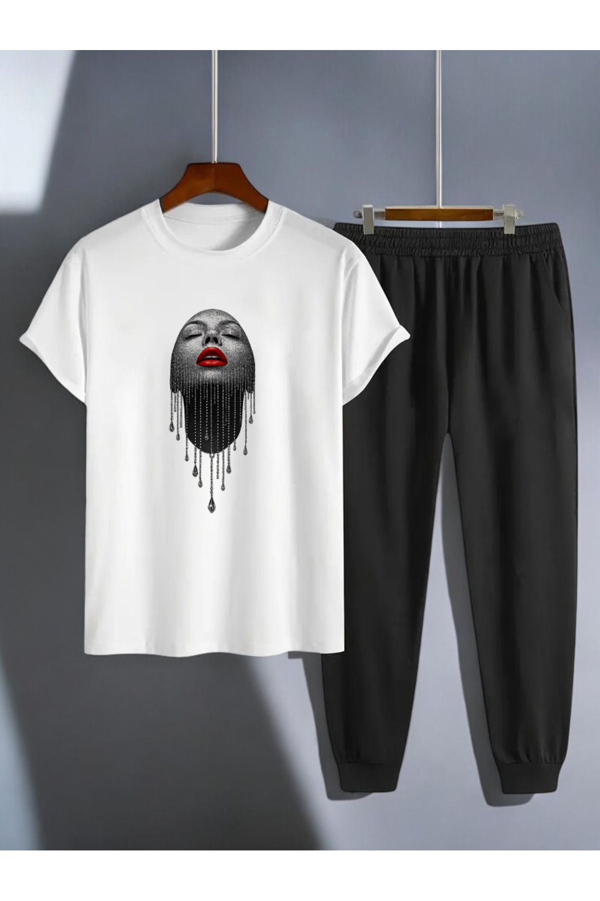 uyguntarz Unisex Pırlantalı Kadın Portresi Tasarım Basklı Tshirt Eşofman Takımı