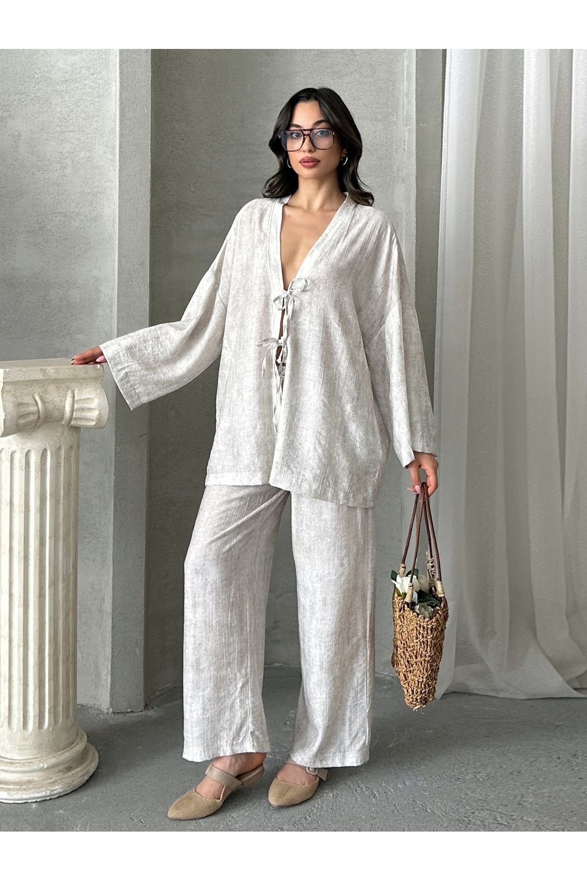 MD trend Kadın Bağcıklı Kimono - Pantolon Takım