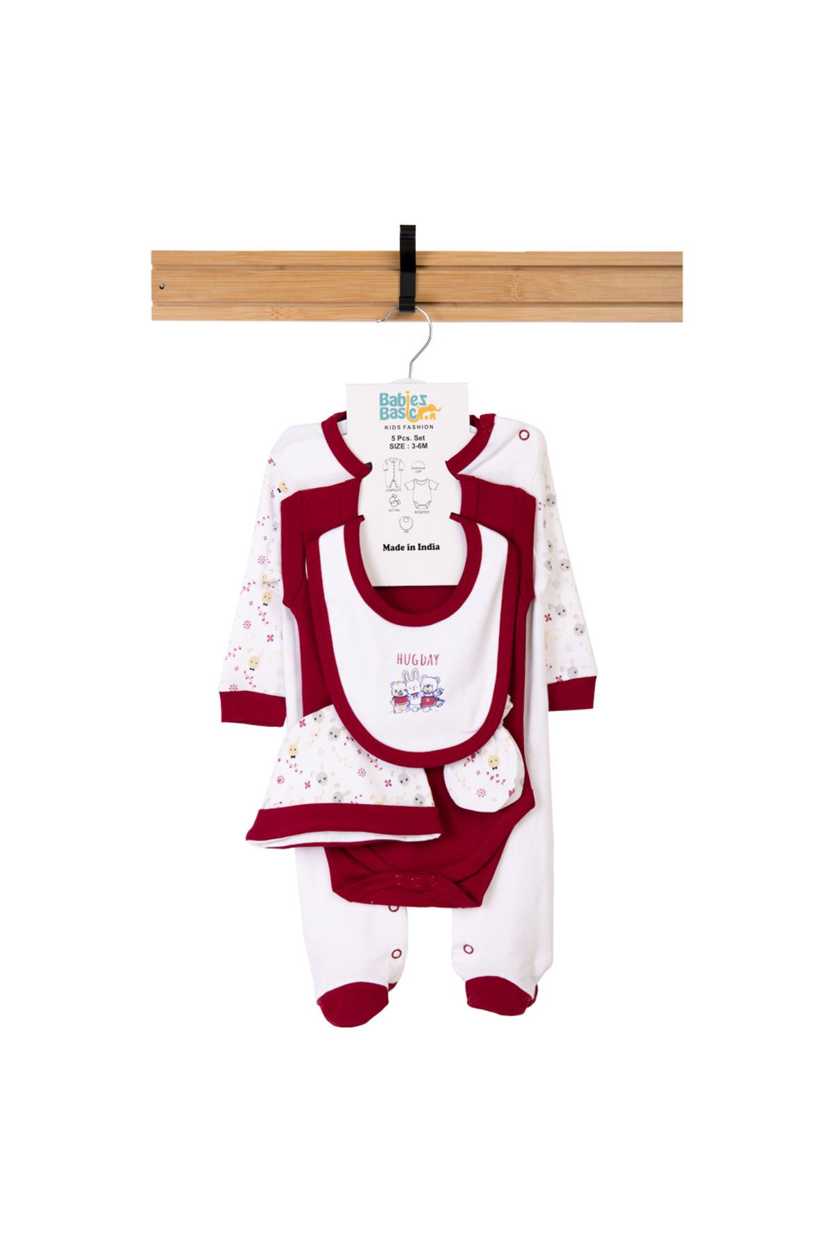 Babies Basic-5 piece New Born Set include Bib, Romper, Mittens, Cap, Sleepsuit- Hug Day, Red 7