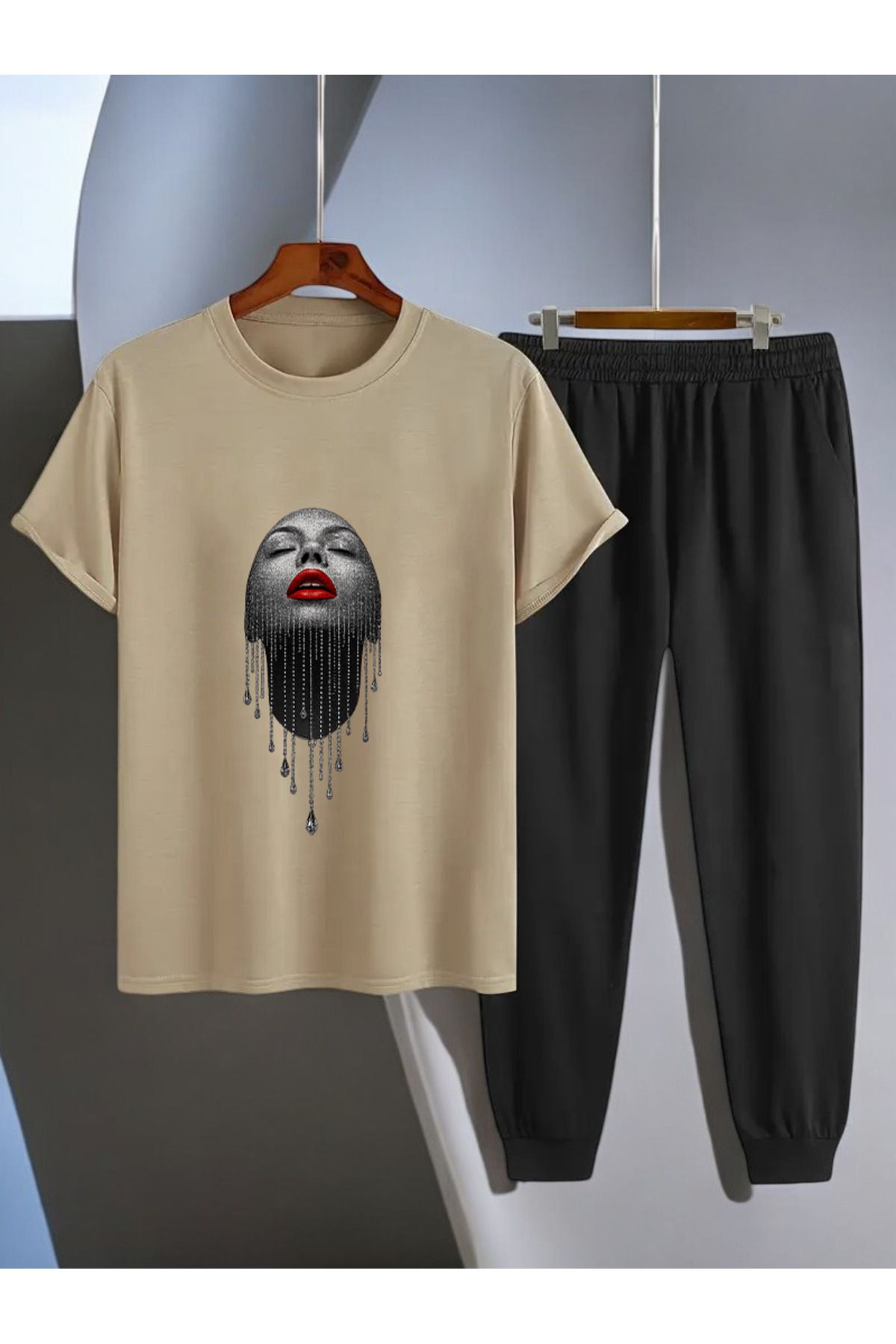uyguntarz Unisex Pırlantalı Kadın Portresi Tasarım Basklı Tshirt Eşofman Takımı