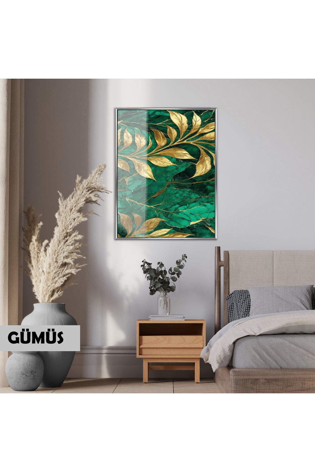 Harikabirev HARİKABİREV|YEŞİL GOLD YAPRAK DESENİ(EMERALD)|ÇERÇEVELİ TEMPERLİ CAM TABLO TEKLİ DİKEY