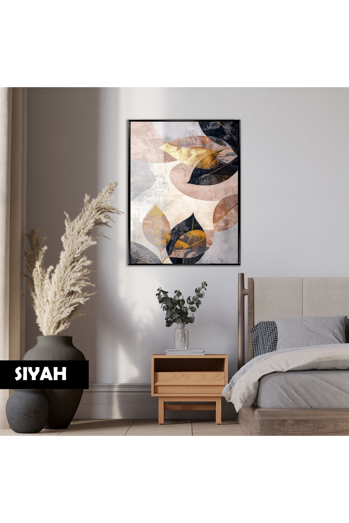 Harikabirev HARİKABİREV|SOFT SOYUT YAPRAK MODELİ (GOLD-BLACK) |ÇERÇEVELİ TEMPERLİ CAM TABLO TEKLİ DİKEY