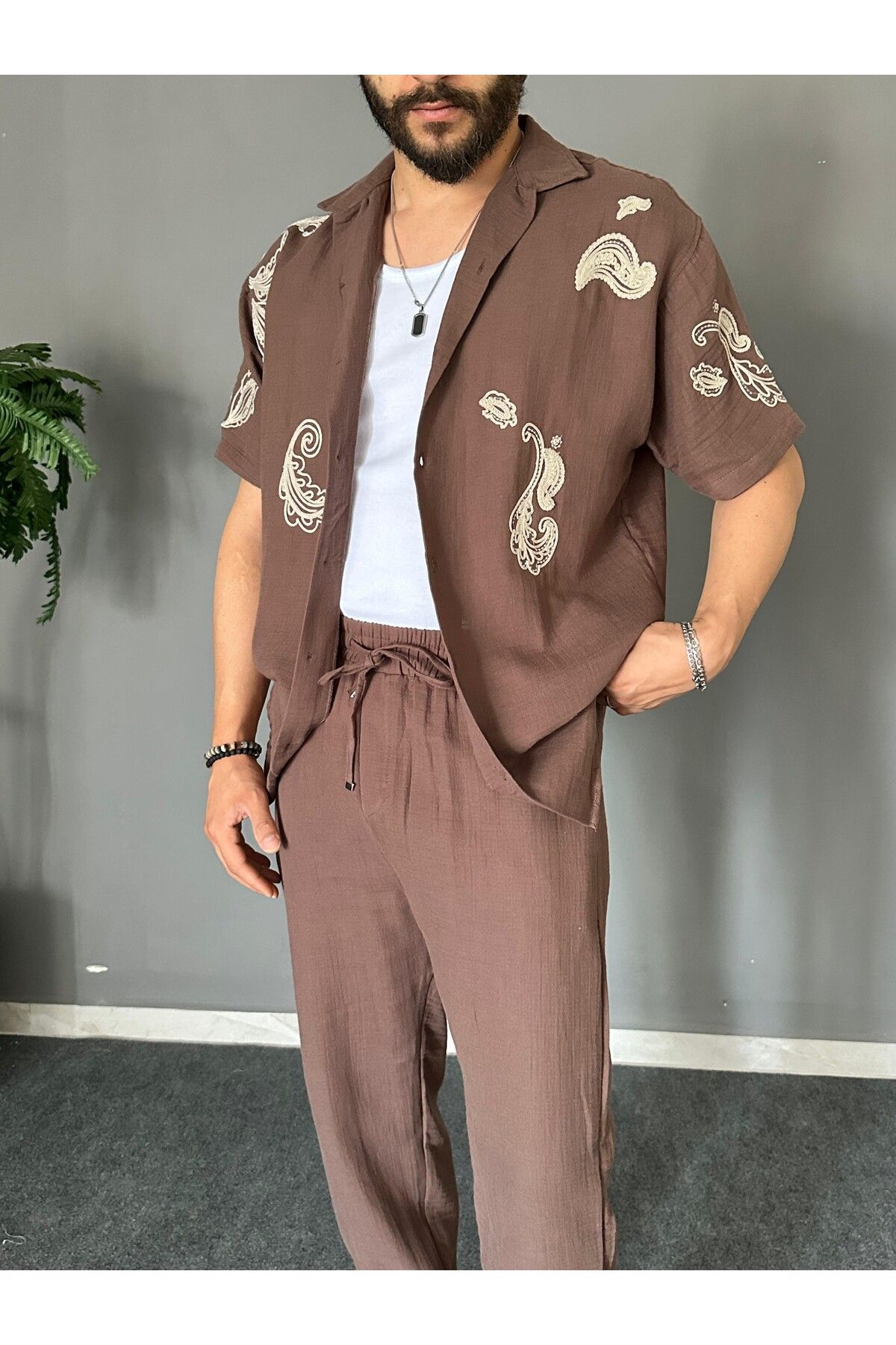 THEMANN Nakış İşlemeli Müslin Kumaş Kahve Takım