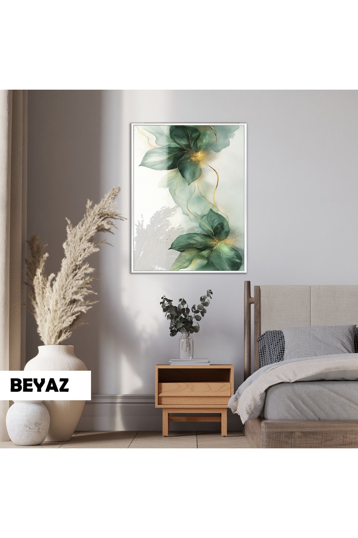 Harikabirev HARİKABİREV|YEŞİL-GOLD FLORAL ÇİÇEK MODELİ |ÇERÇEVELİ CAM |ÇERÇEVELİ TEMPERLİ CAM TABLO TEKLİ DİKEY