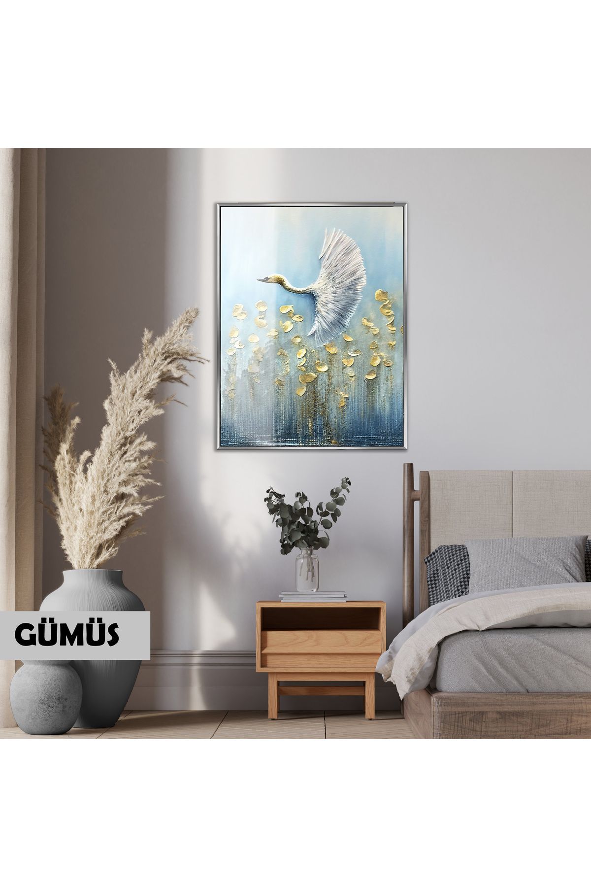 Harikabirev HARİKABİREV| 02 SOFT MAVİ GOLD KUĞU MODELİ|ÇERÇEVELİ TEMPERLİ CAM TABLO TEKLİ DİKEY