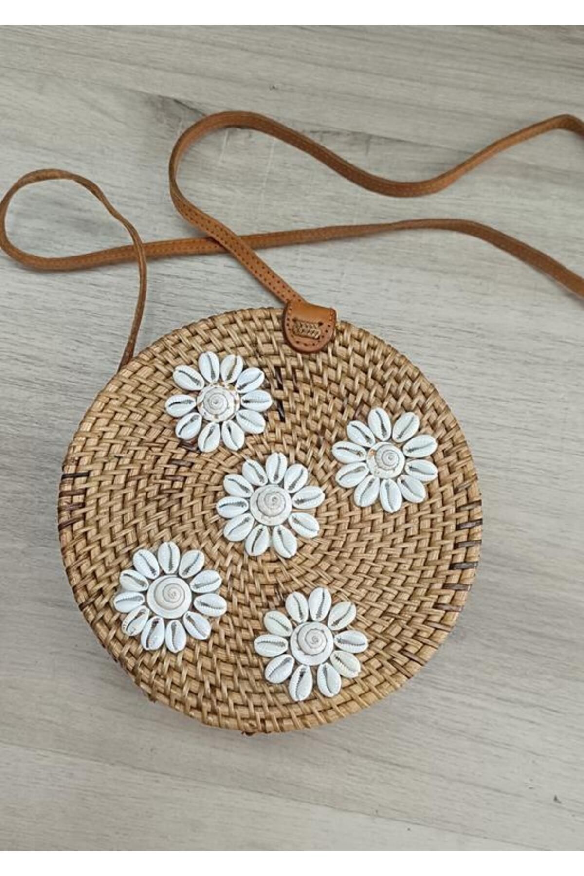 Hd Marketim Çanta Bambu Rattan El Yapımı Deniz Kabuklu Yuvarlak Deri Askı Kadın Hasır Omuz Çantası