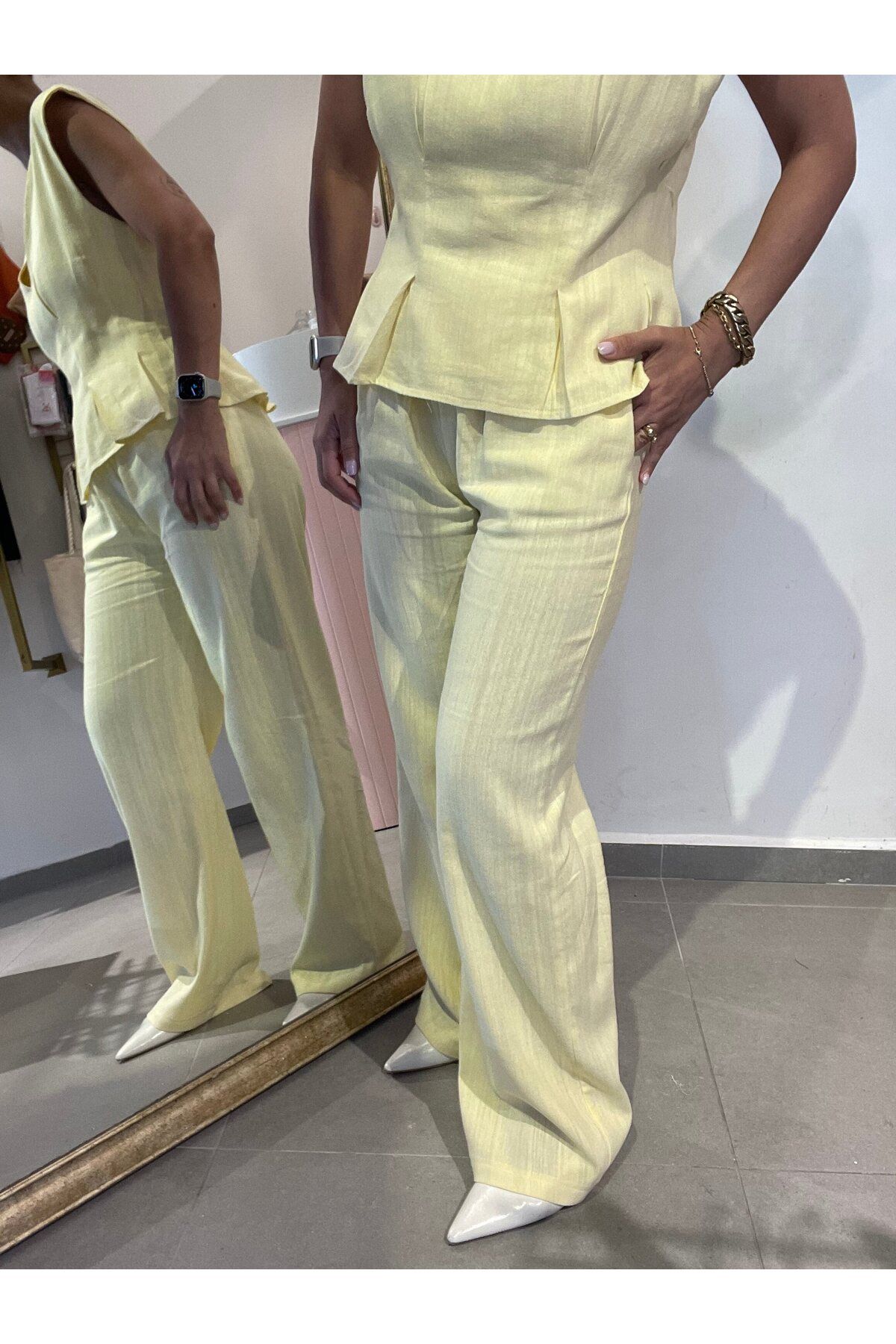 Butik Kadın, Beli Lastikli Bağlamalı, Çift Cepli Keten Sarı Palazzo Pantolon