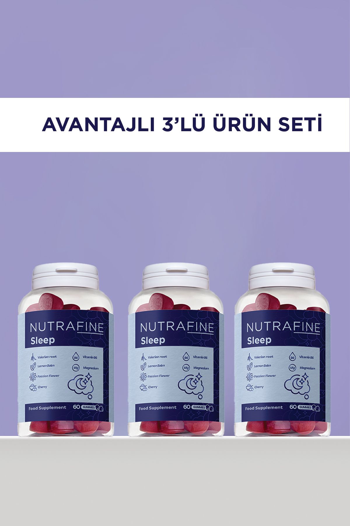 Nutrafine 3'lü Sleep Gummy, Uyku Döngüsüne Yardımcı Gummies, Doğal Uyku Desteği, Vitamin B6, Magnezyum