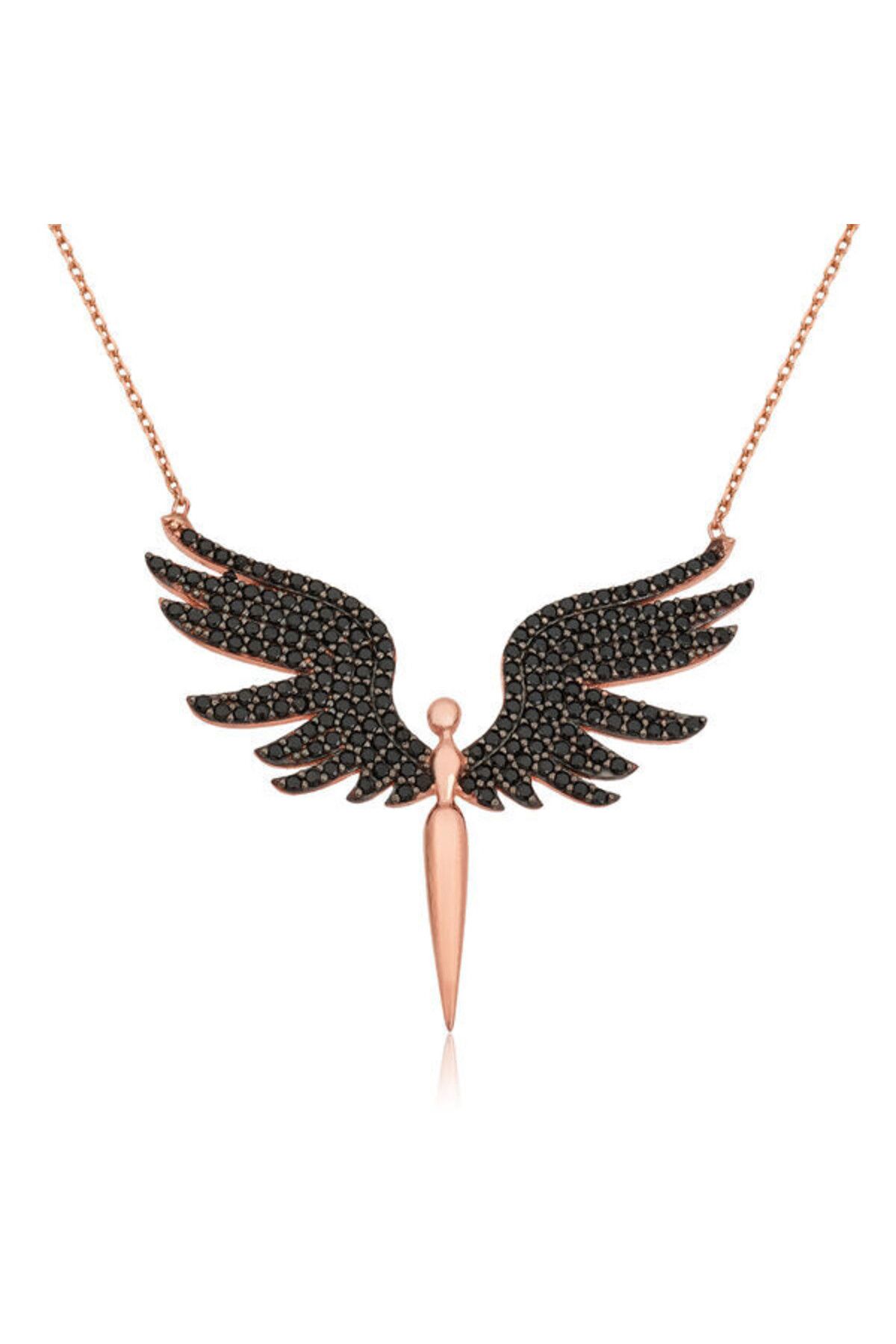 shop Rose Siyah Taşlı Mikail Meleği 925 Ayar Gümüş Kolye