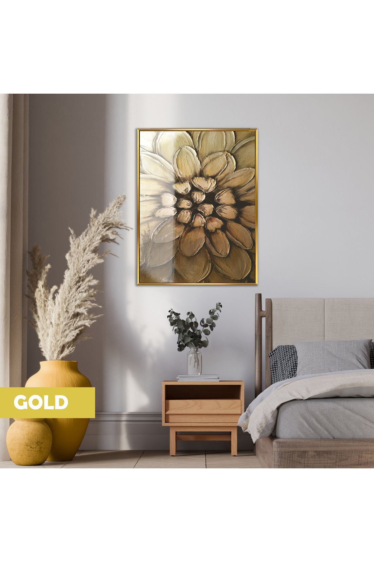 Harikabirev HARİKABİREV|ORTANCA ÇİÇEK MODELİ(GOLD) |ÇERÇEVELİ TEMPERLİ CAM TABLO TEKLİ DİKEY
