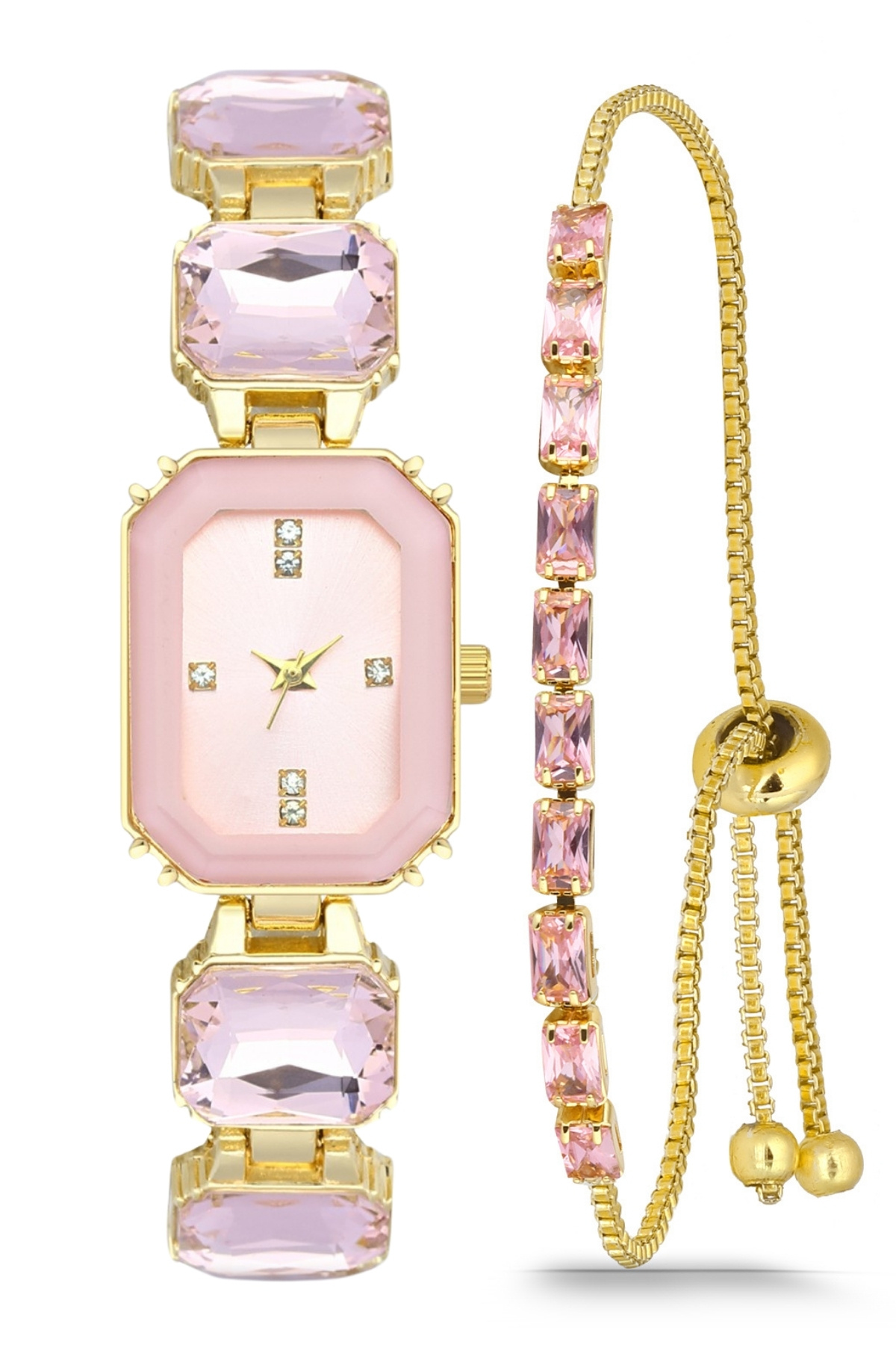 Forentina Pembe Taşlı Gold Renk Kol Saati-pembe Taşlı Asansör Bileklik Ps4097