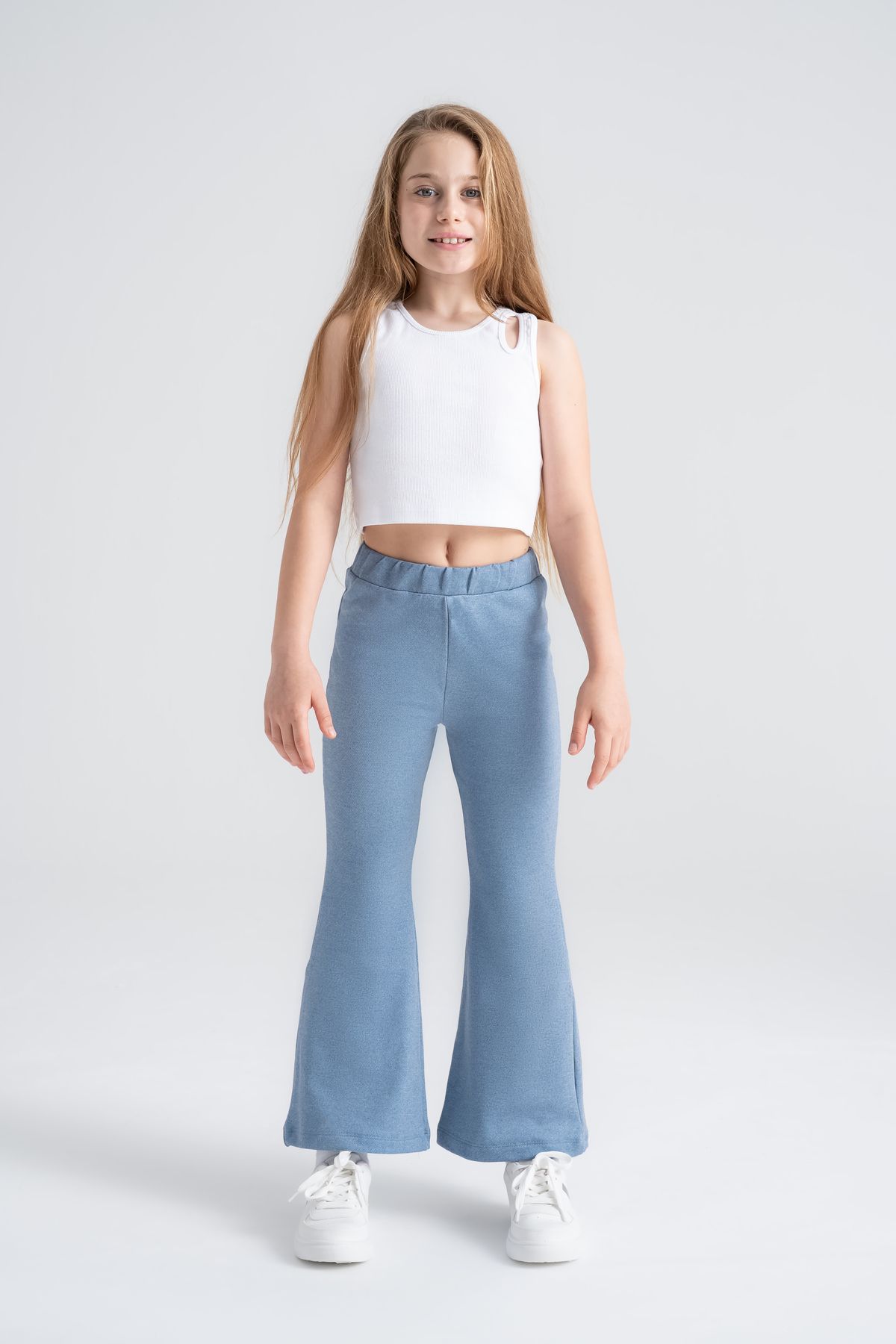 Leggfly Kız Çocuk Taytı Pamuklu Esnek – Mavi Denim Görünümlü, İç Göstermeyen, Kolay Giyilen