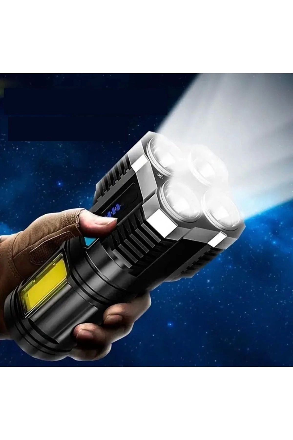 feifei Ultra Parlak El Feneri Usb Şarj 4 Led+yan Cob Led Taktik Günlük Hayat Kamp Avcılık El Feneri