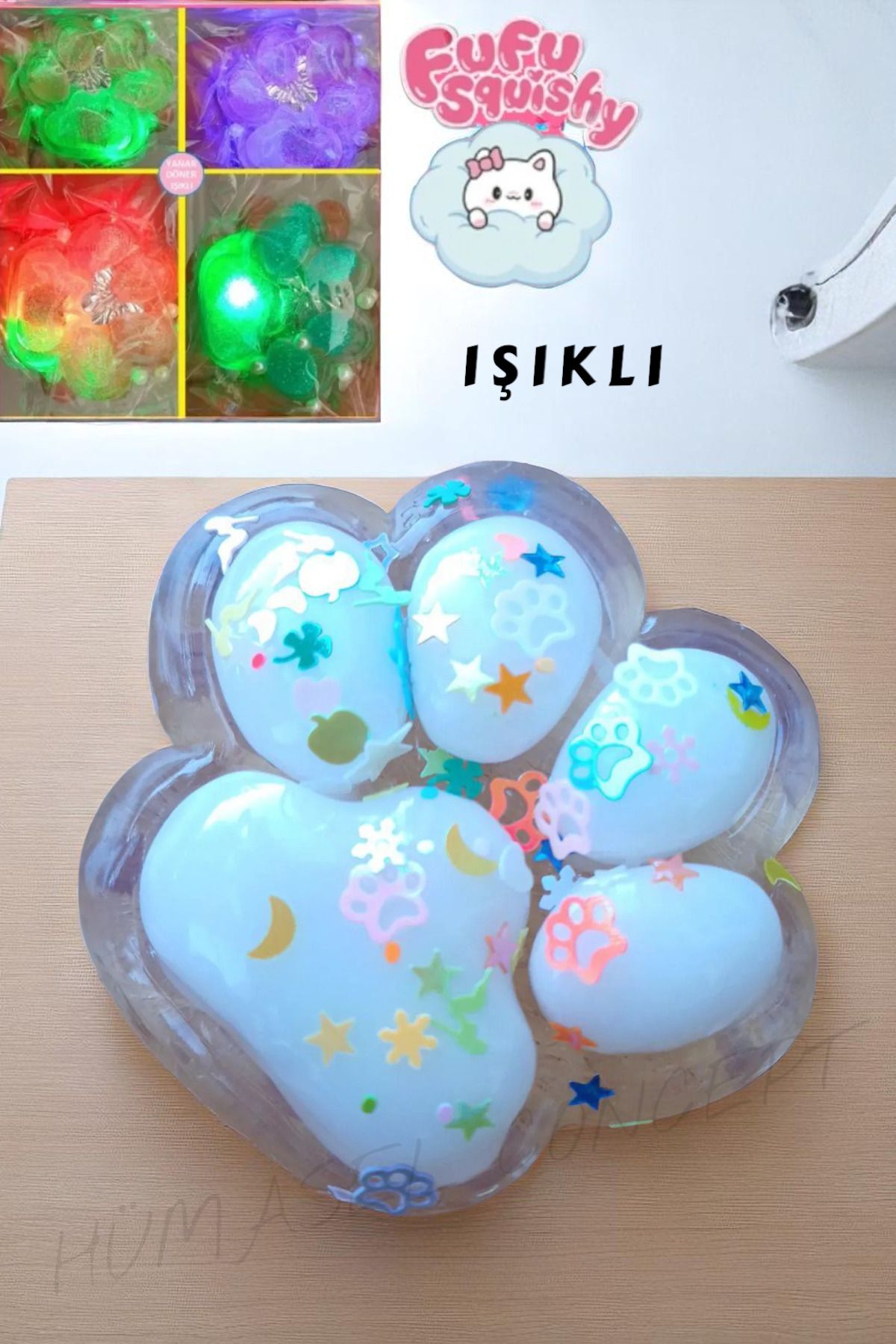 YILDIRIM OYUNCAK Fufu Squishy Kedi Patisi Takı Boncuklu Rengarenk Yanardöner ışıklı Sukuşi Oyuncak Pati Esnek 11 cm