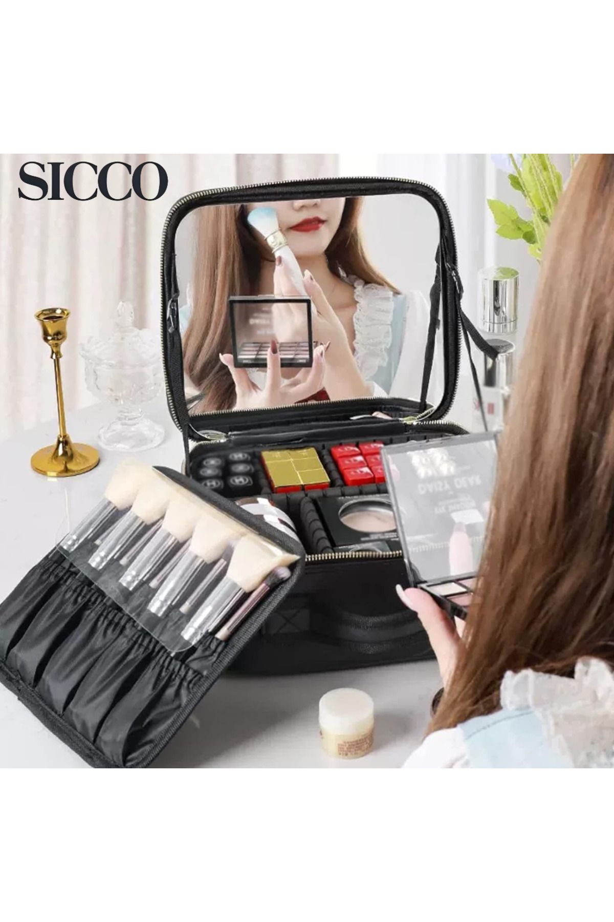 SİCCO Sicco - Makyaj Çantası Taşınabilir Organizer, Aynalı, Fırçalık Bölmeli, Ayarlanabilir Günlük