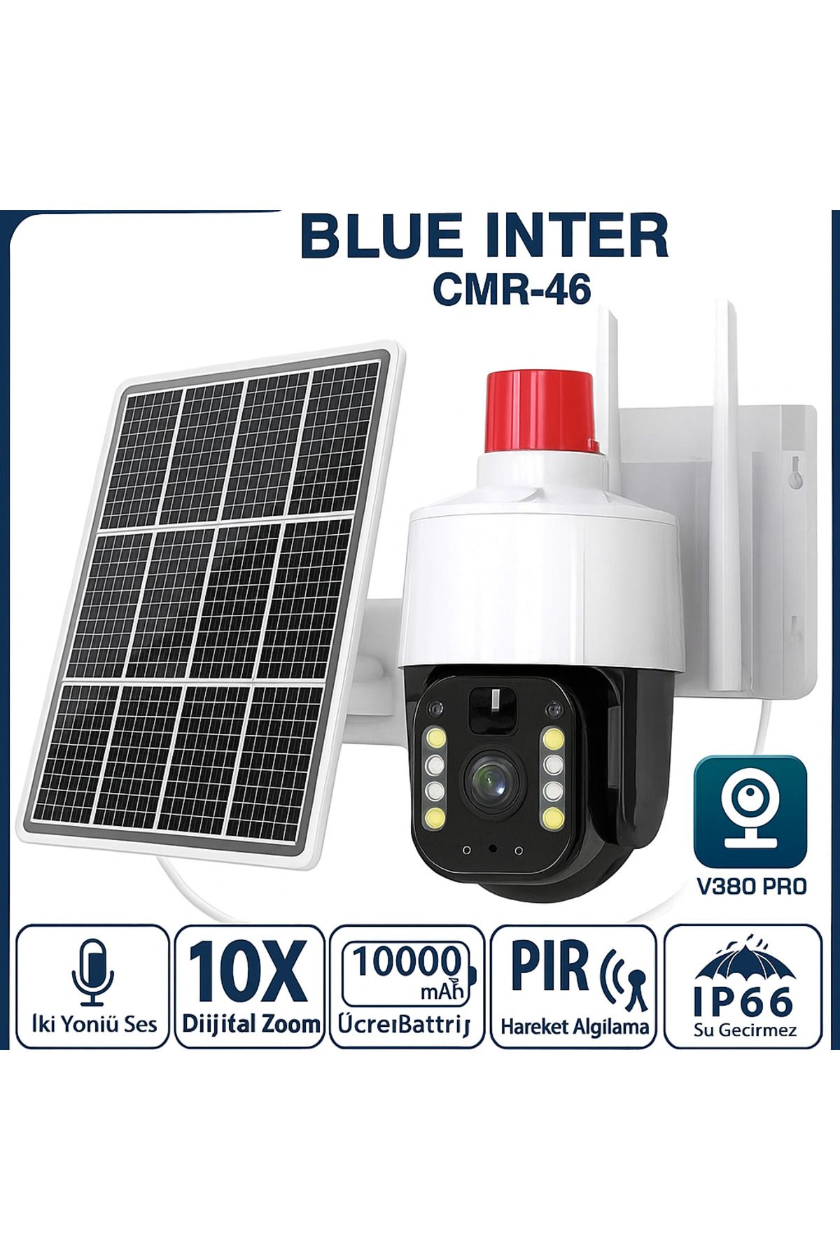 BLUE İNTER CMR-46 Güneş Enerjili 4G Güvenlik Kamerası – Kablosuz, Sirenli WiFi Gerektirmez Uyumlu