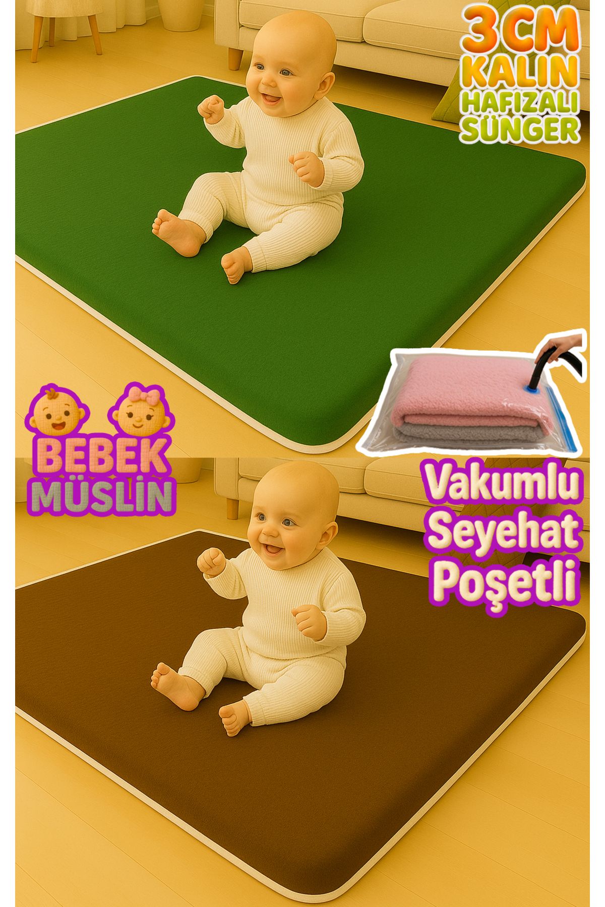 Carpetella 3 CM Kalın Çift Taraflı Müslin Kumaş Bebek Oyun Matı Vakum Poşetli Taşınabilir Çocuk Halısı