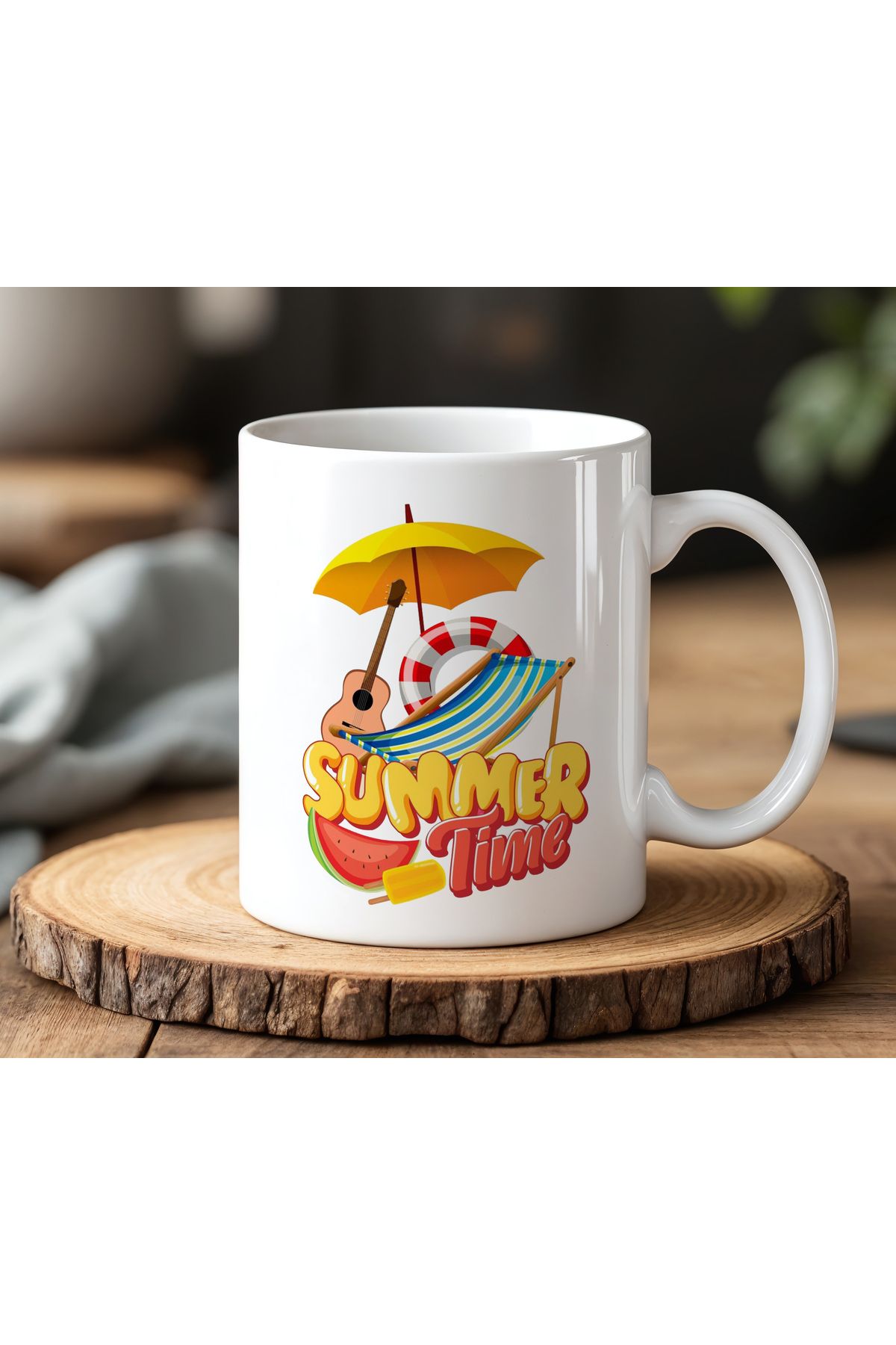 BB TRADE Summer Time Tasarımlı Beyaz Seramik Baskılı Kupa Bardak 330ml