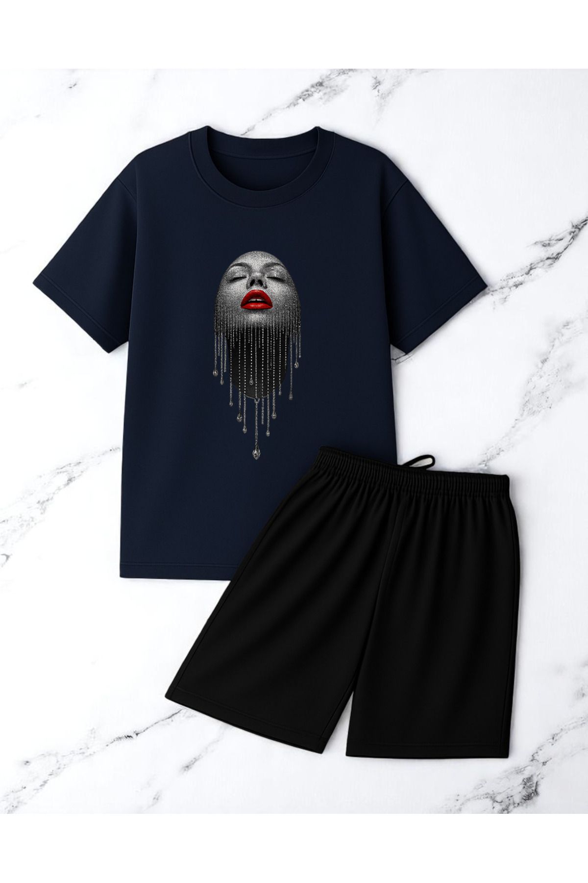 uyguntarz Unisex Pırlantalı Kadın Portresi Tasarım Basklı Tshirt Şort Takımı