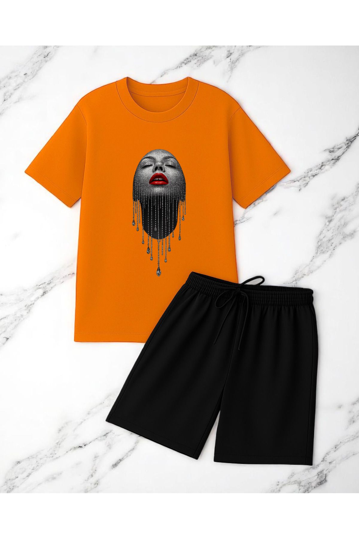 uyguntarz Unisex Pırlantalı Kadın Portresi Tasarım Basklı Tshirt Şort Takımı