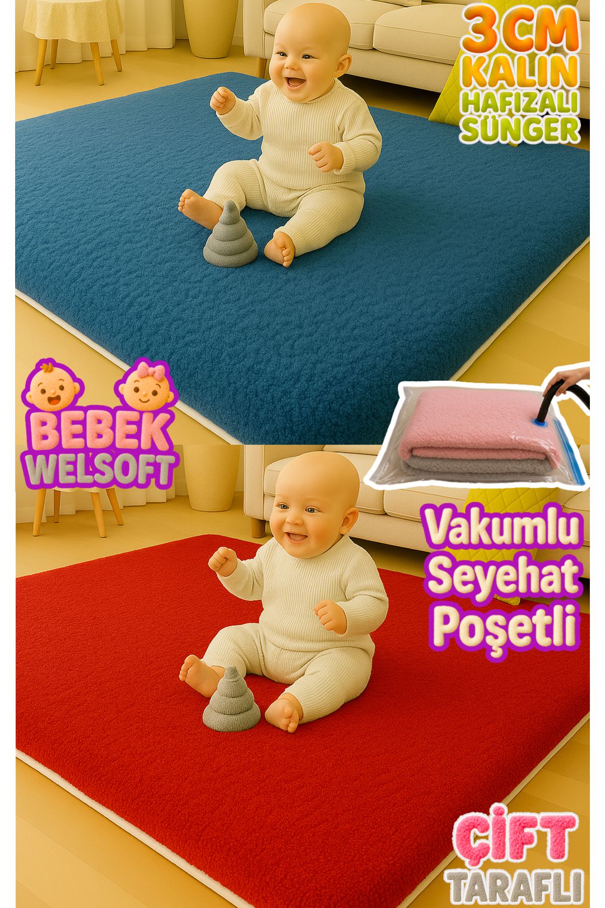 Carpetella 3 cm Kalın Çift Taraflı Welsoft Bebek Oyun Matı | Taşınabilir Vakum Poşetli Çocuk Halısı