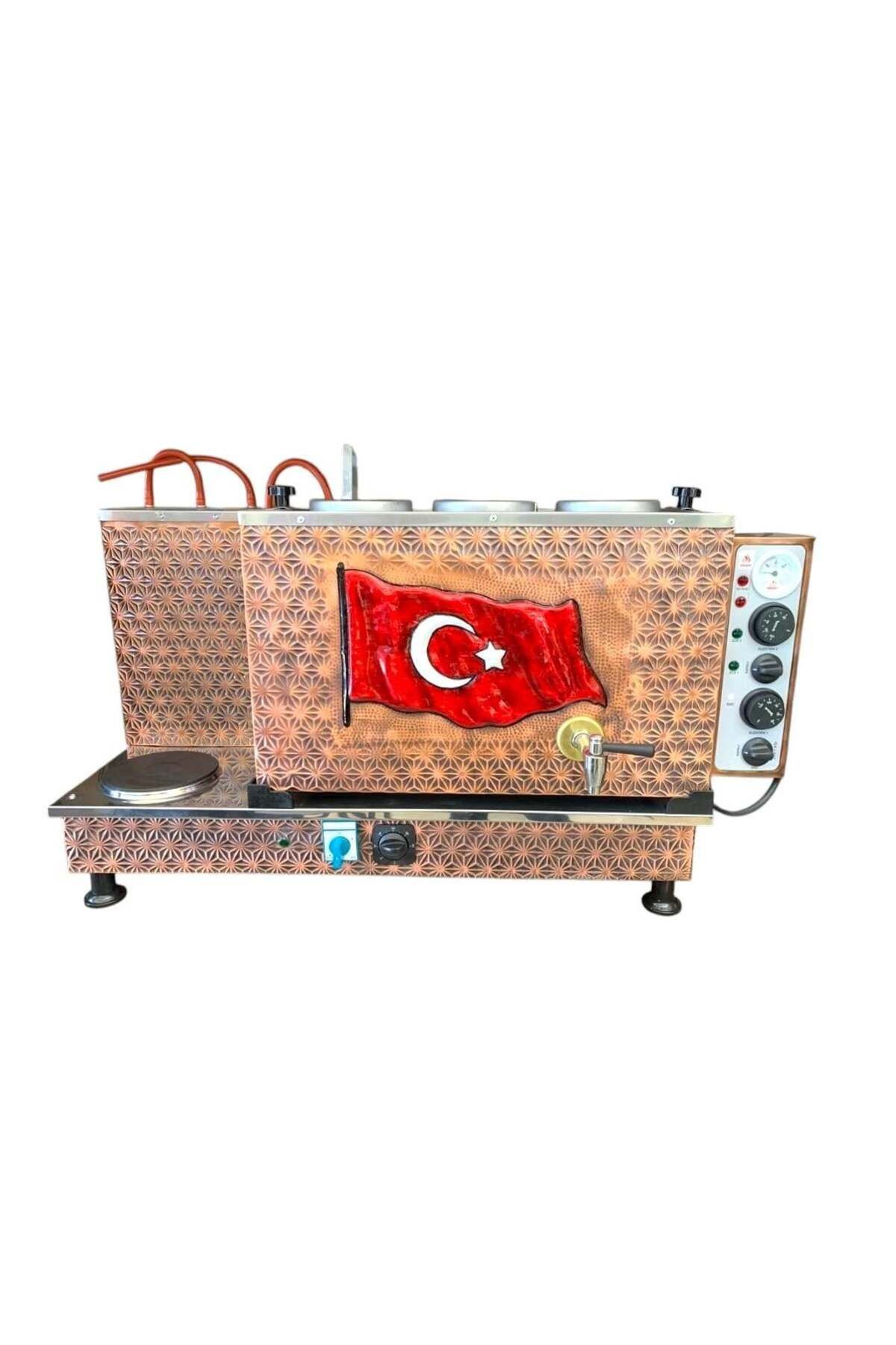 Meşale 3 Demlikli Antik Bakır Türk Bayraklı Elektrikli Full Otomatik Çay Kazanı