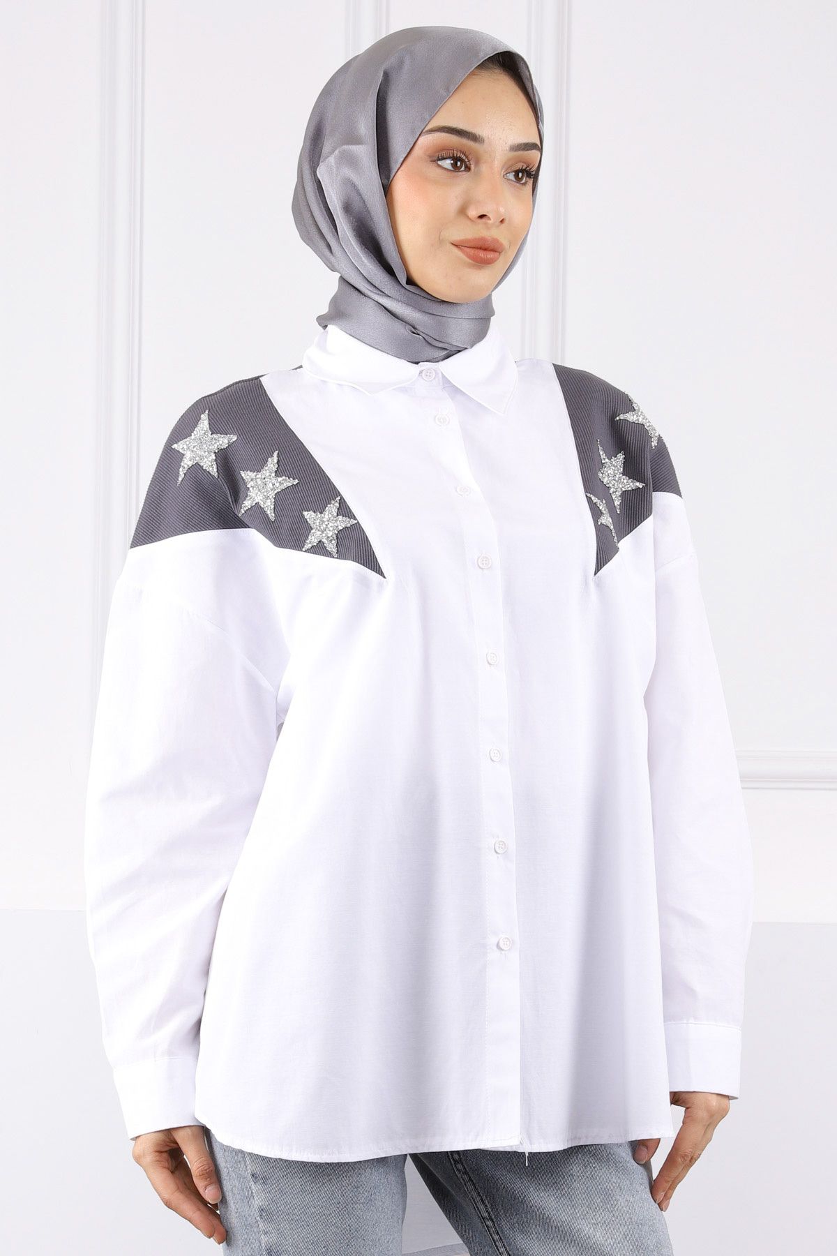 İmajButik Füme Garnili Taş Detaylı Gömlek