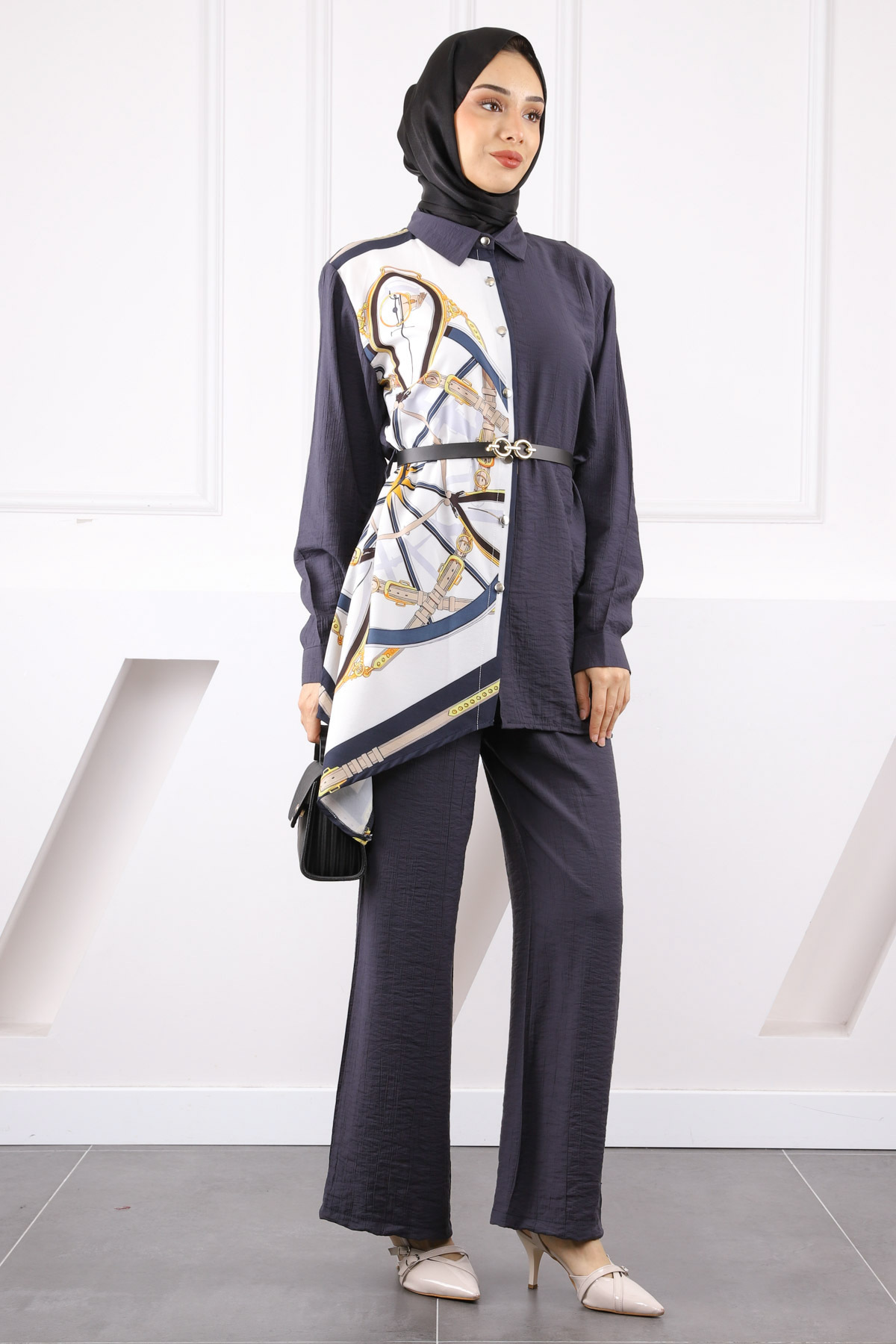 İmajButik-Anthracite Patterned Modal Tunic Trouser Suit 3