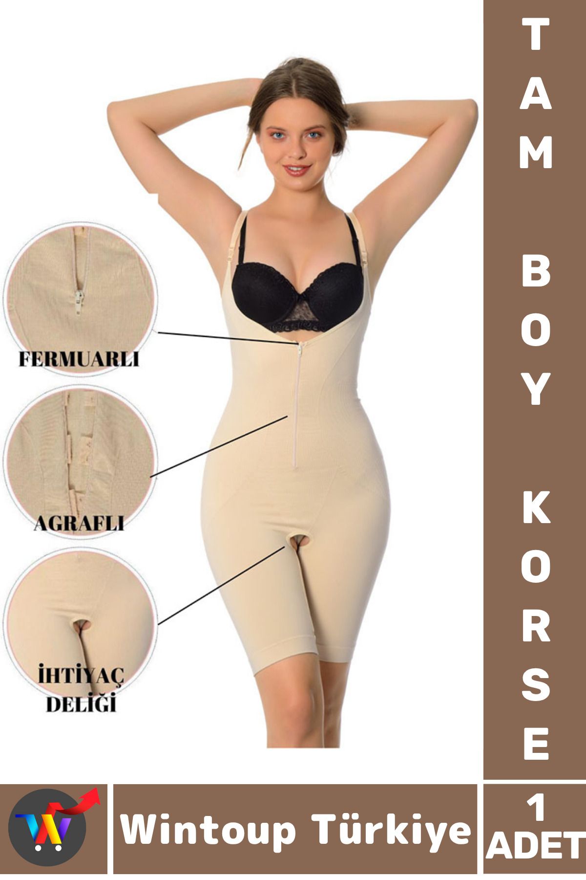 Wintoup Özel Model Karın Bel Toparlayan Sıkılaştıran Çıkarılabilir Askılı Fermuarlı Ağraflı TAM BOY KORSE