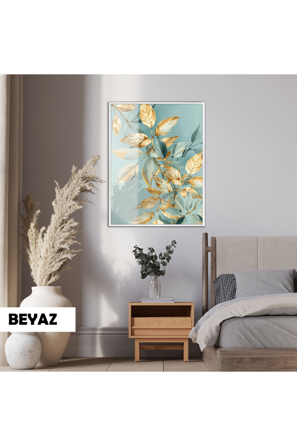 Harikabirev HARİKABİREV|GOLD-TURKUAZ YAPRAK MODELİ (SOFT)|ÇERÇEVELİ TEMPERLİ CAM TABLO TEKLİ DİKEY