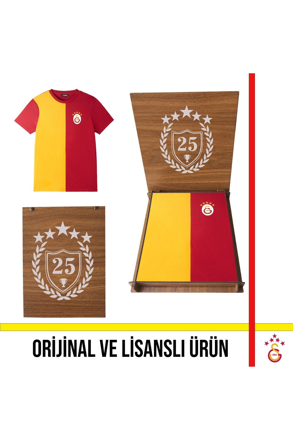 Galatasaray Lisanslı 5 Yıldızlı Yetişkin Tişört Şampiyonluk Özel Ahşap Kutulu