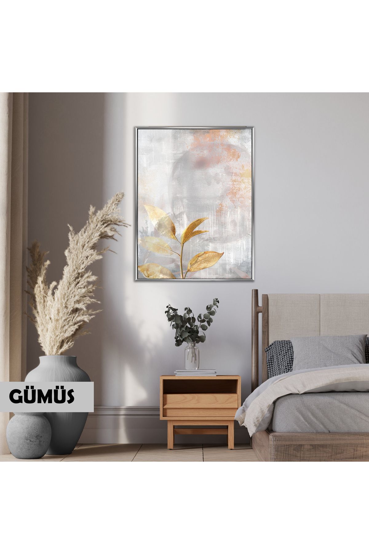 Harikabirev HARİKABİREV|GRİ-GOLD MODERN YAPRAK MODELİ |ÇERÇEVELİ TEMPERLİ CAM TABLO TEKLİ DİKEY