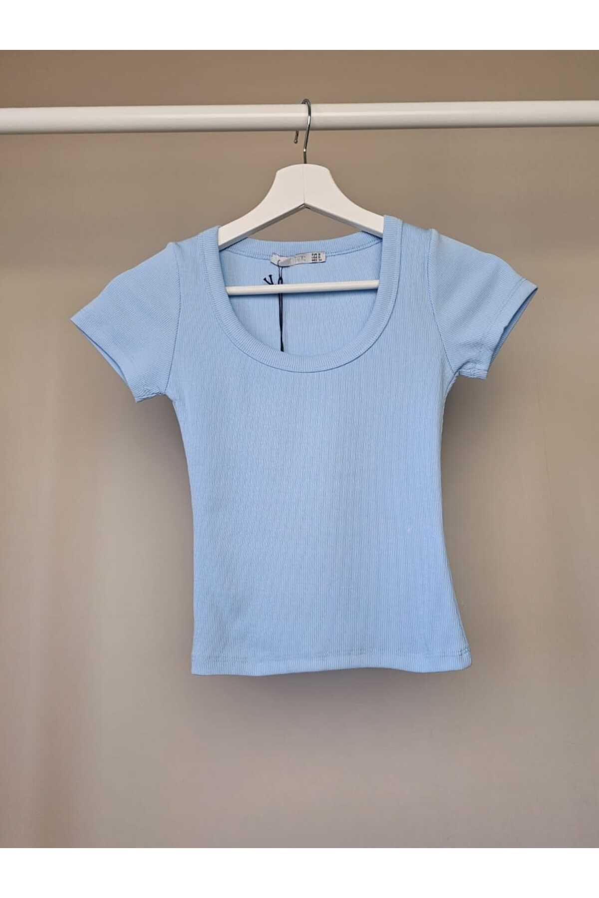 Telablanka KAŞKORSE U YAKA CROP TOP TİŞÖRT_AÇIK MAVİ