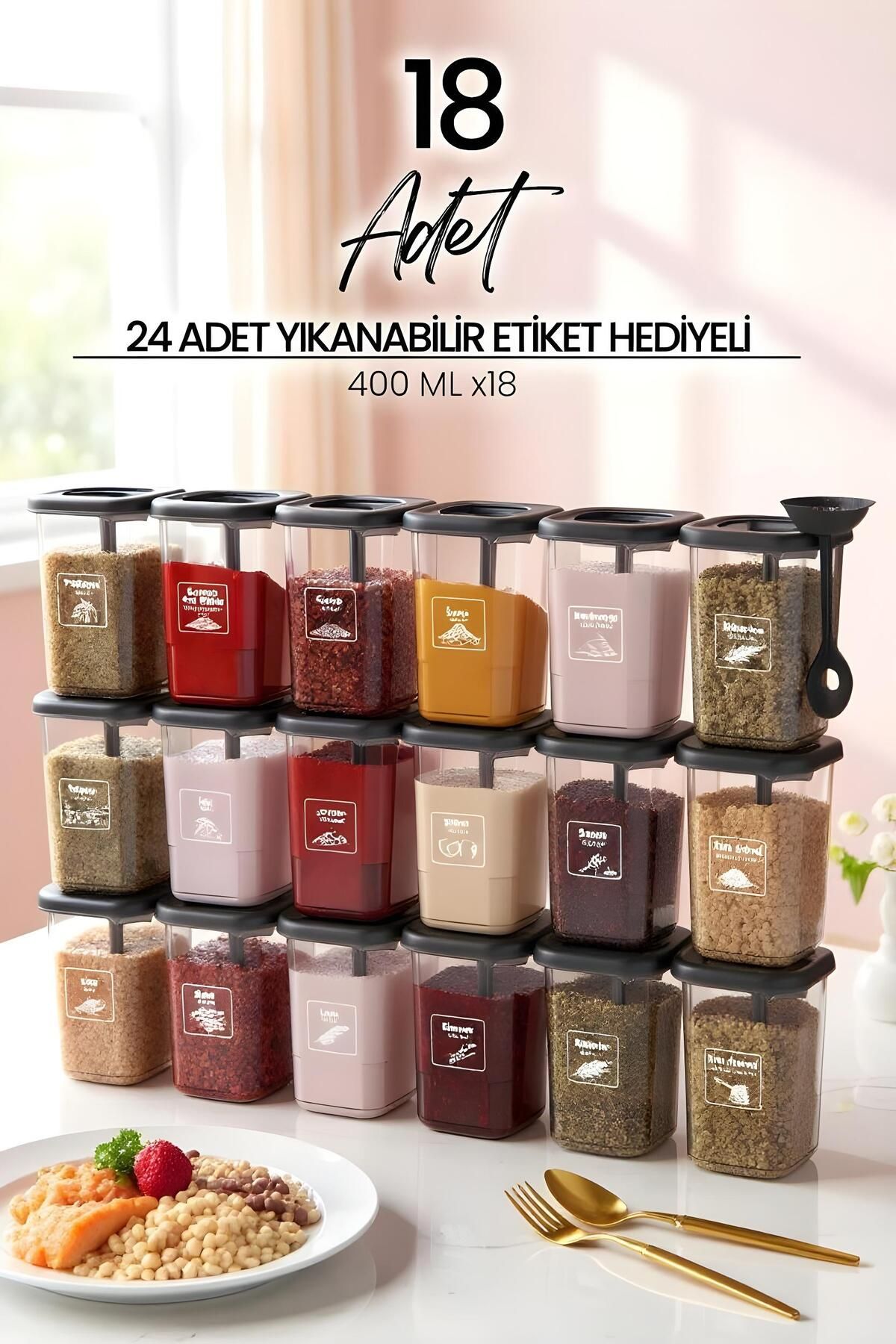Justyol 18'li Azure Baharatlık Seti – 400 ml Etiketli ve Kaşıklı Baharat Saklama Kabı Takımı