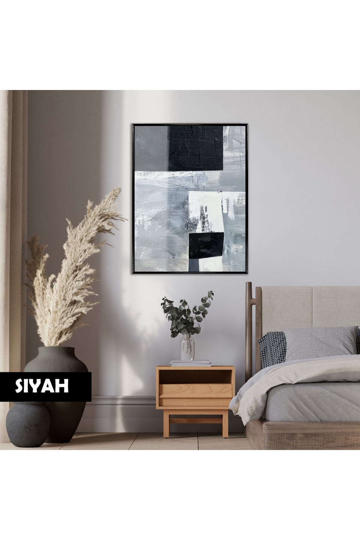 Harikabirev HARİKABİREV|SOYUT|GRİ SİYAH MODEL (PAINTED)|ÇERÇEVELİ TEMPERLİ CAM TABLO TEKLİ DİKEY