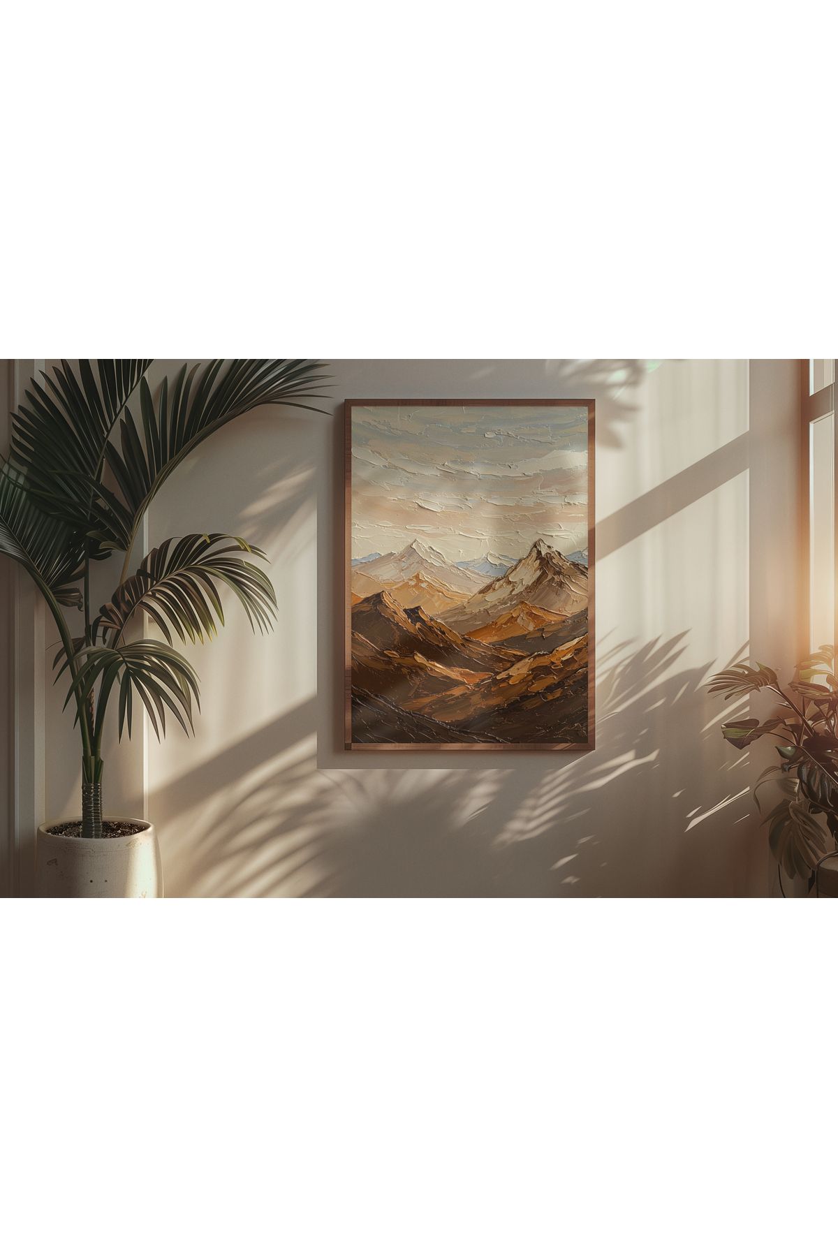 sames decoration Yağlı boya görünümlü natural ahşap çerçeveli dağ manzarası - huzur ve yalnızlık