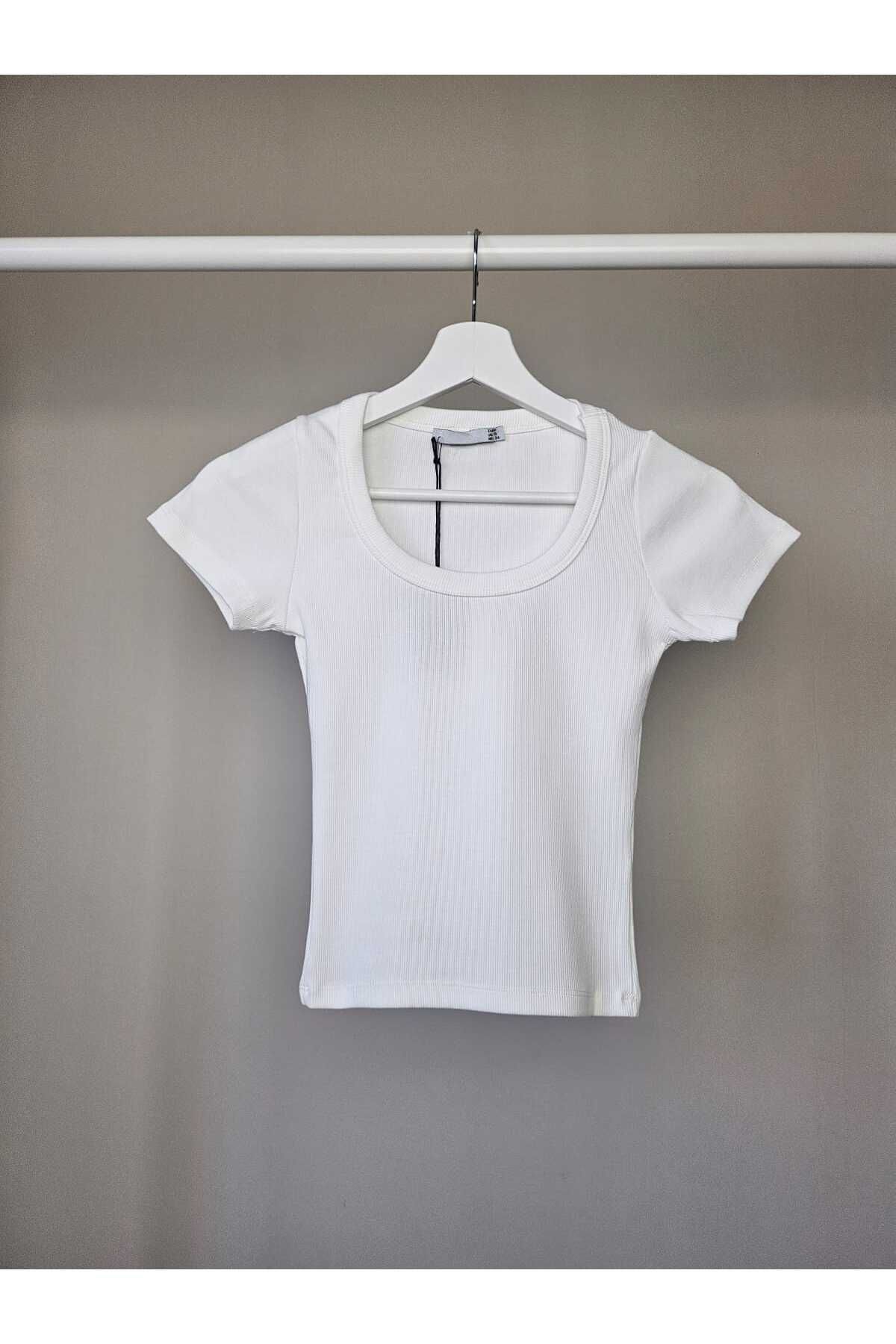 Telablanka KAŞKORSE U YAKA CROP TOP TİŞÖRT_BEYAZ