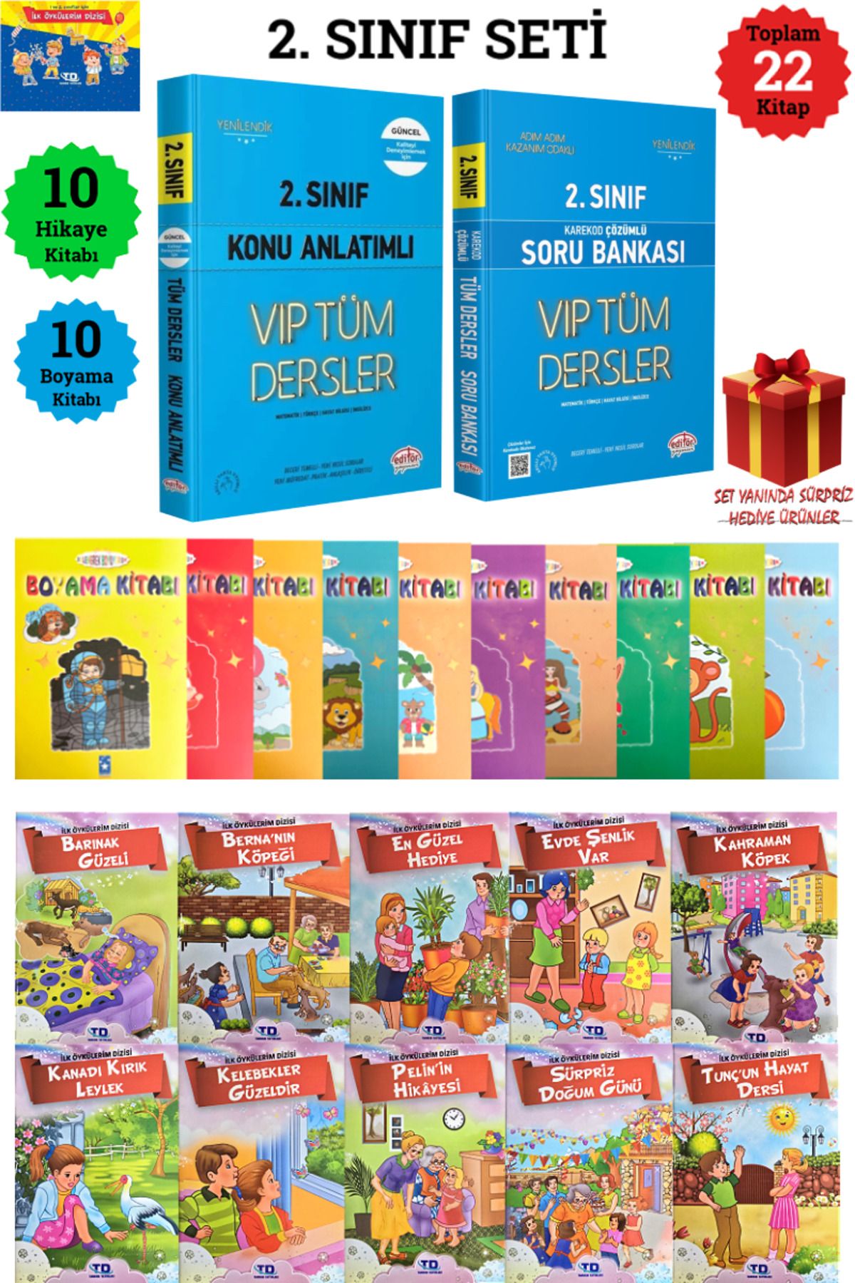Editör Yayınevi 22 Kitaplı 2. Sınıf Seti: Konu+ Soru+10 Boyama Kitabı+ İlk Öykülerim Hikaye Dizisi+ Sürpriz Hediye