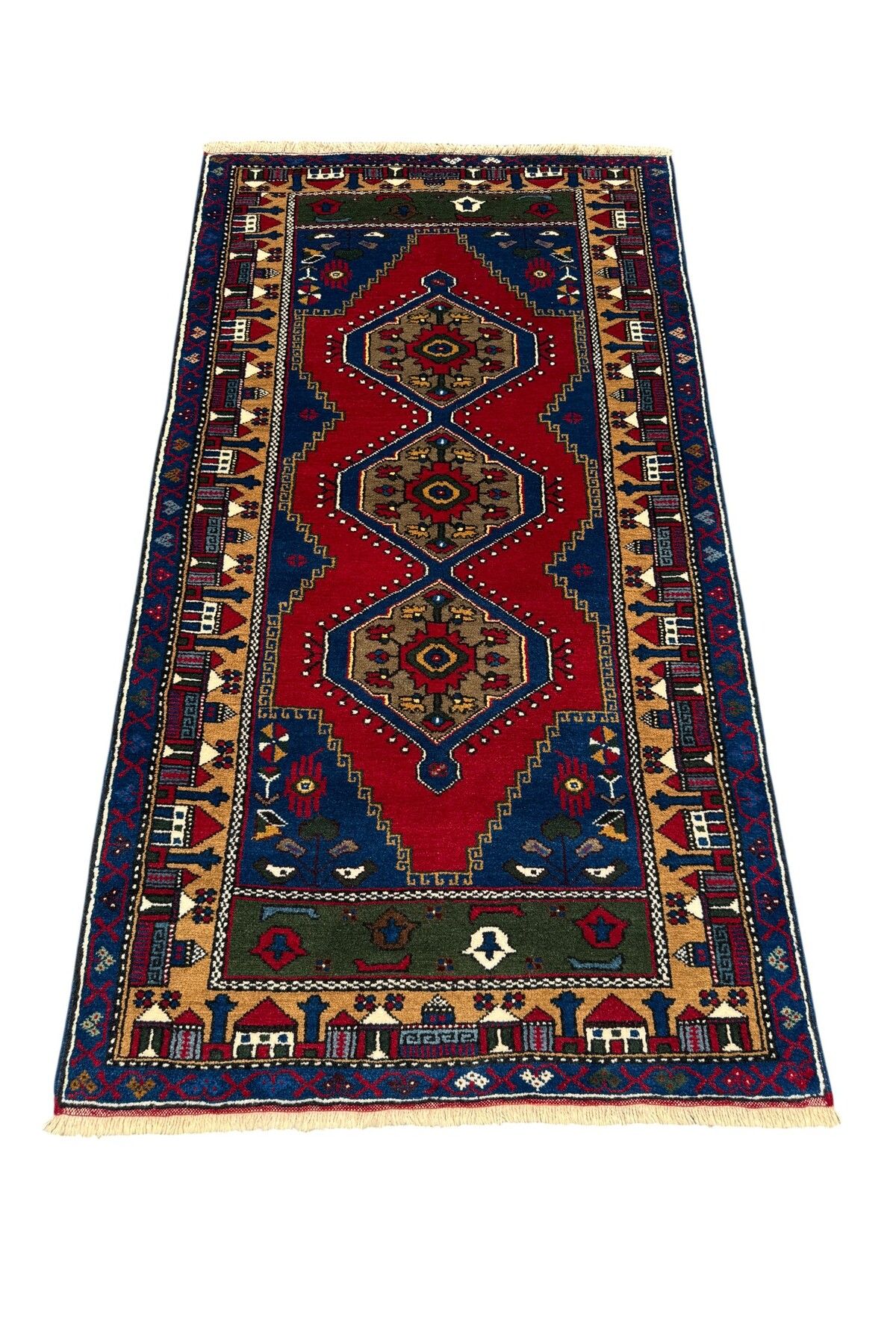 BURAK HALI El Dokuma Sıfır Yahyalı Halısı 106x195 Kırmızı Mavi Kök Boya Yün Halı